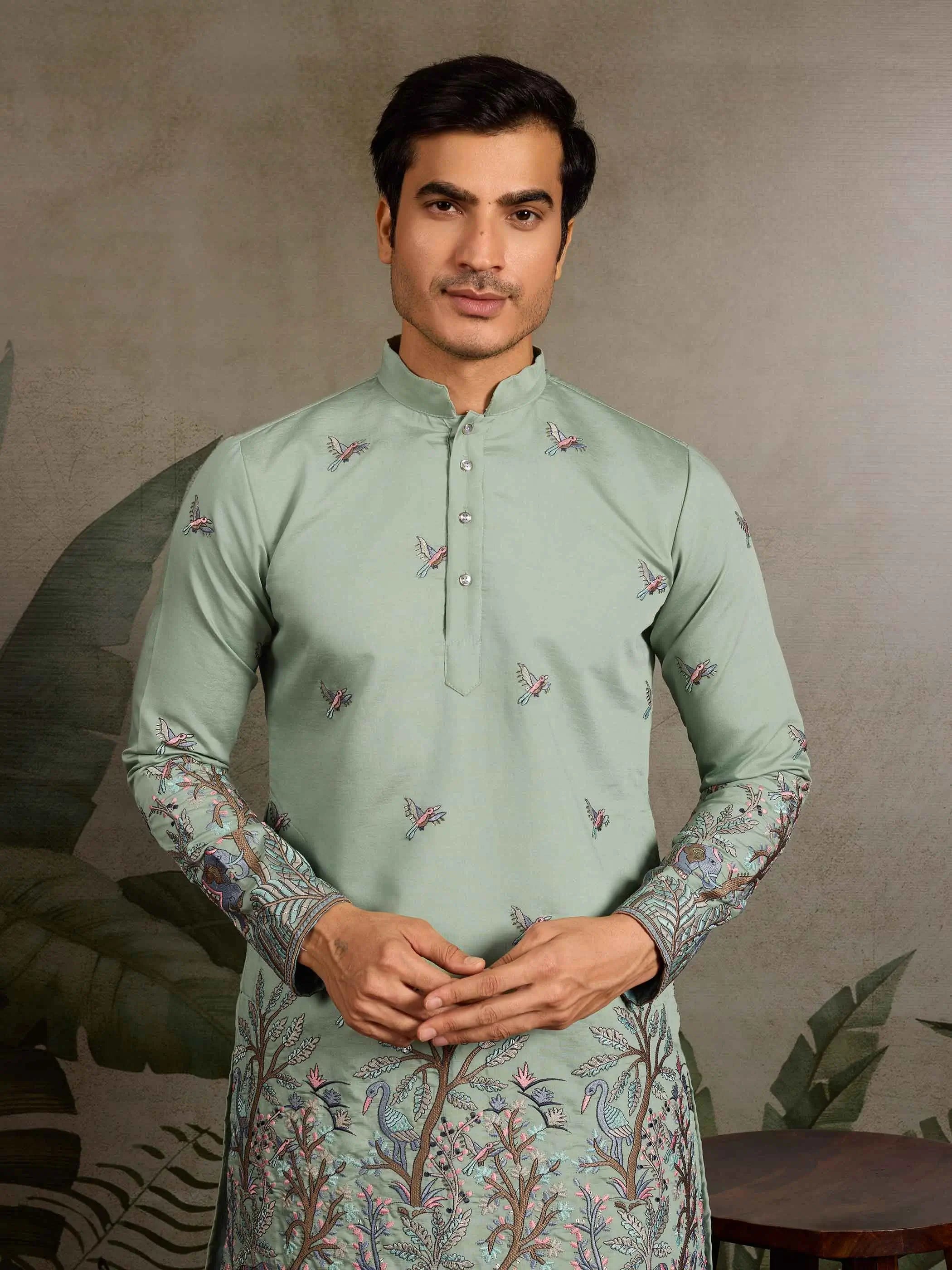 Elegant Pista Kurta Set With Elephant Embroidery Work - qivii