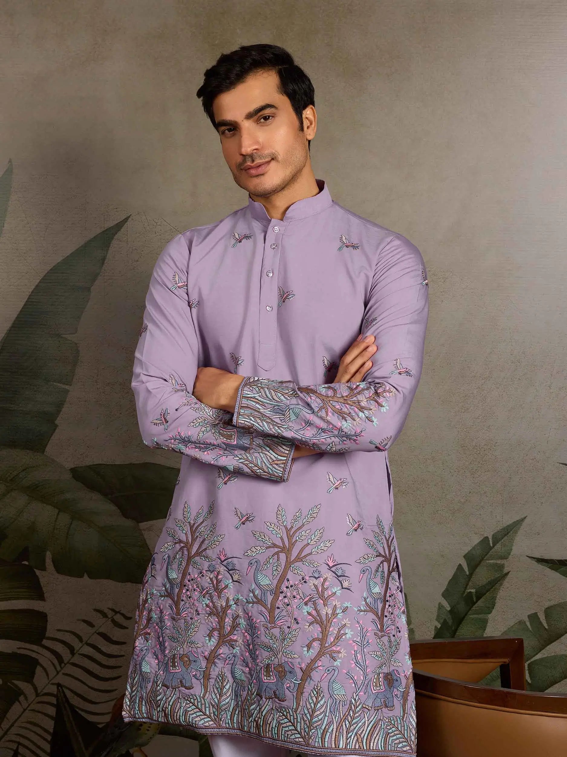 Lavender Kurta Set With Thread Embroidery Work - qivii