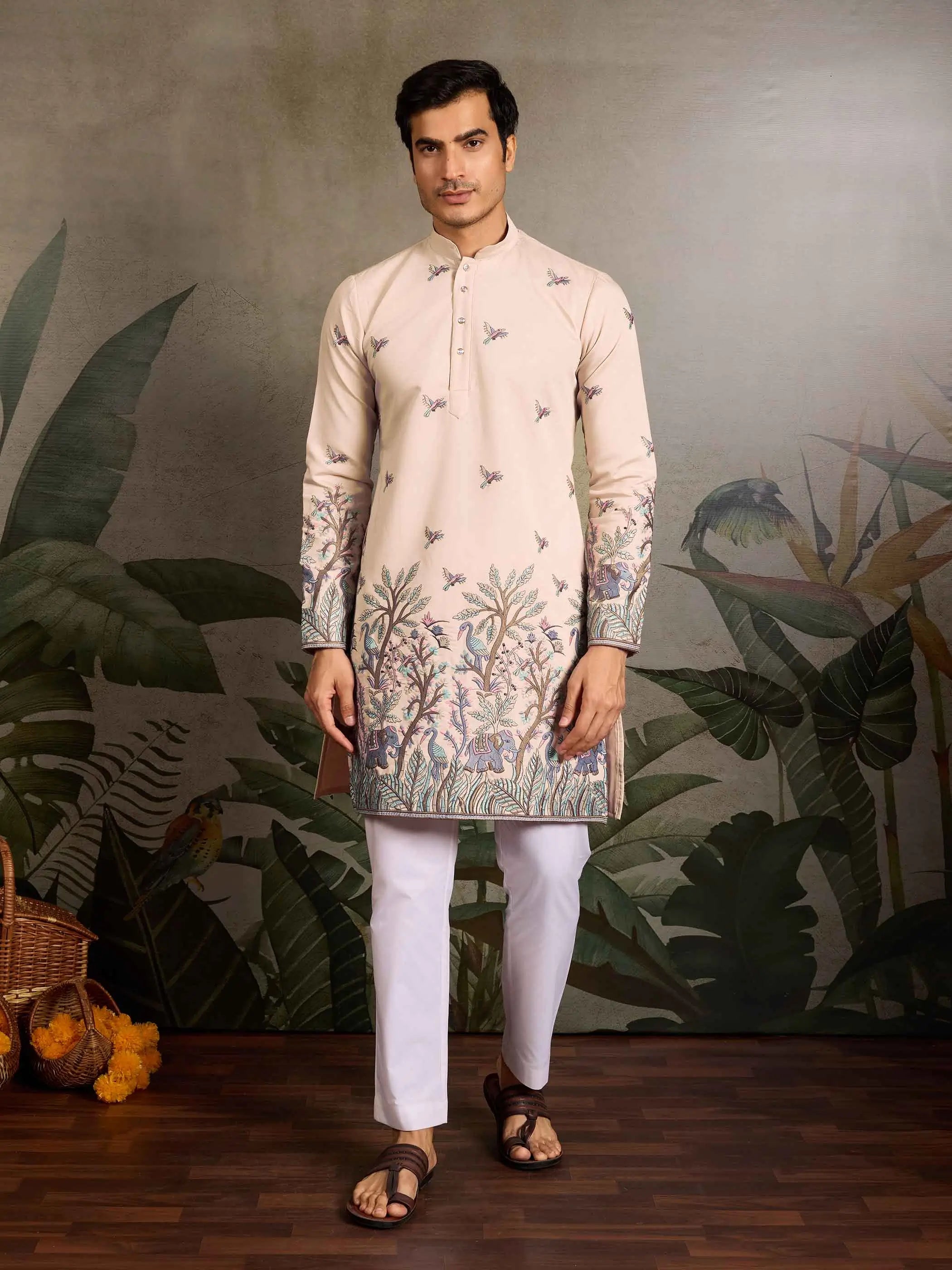 Beige Silk Kurta Set With Elephant Embroidery Work - qivii