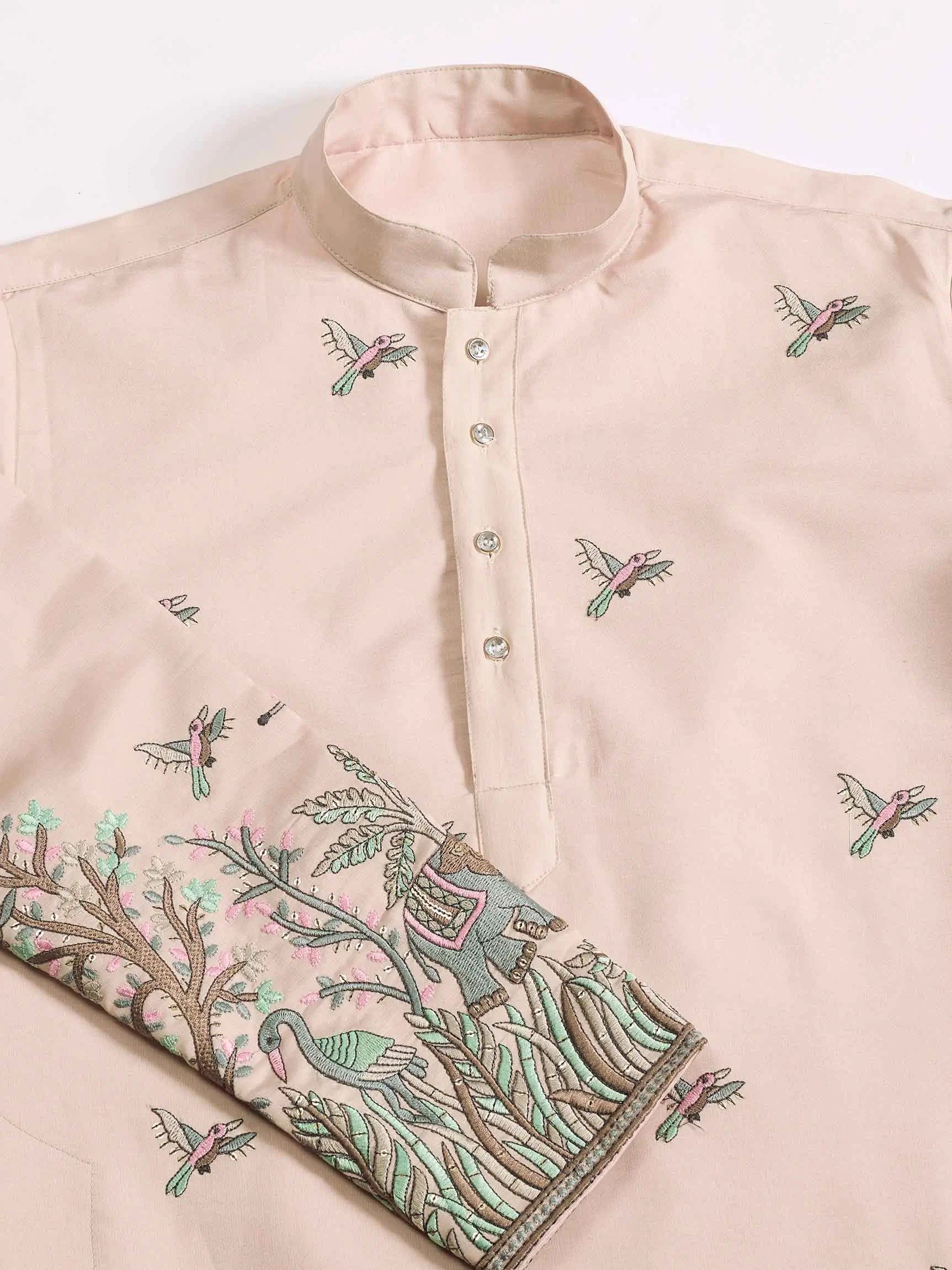 Beige Silk Kurta Set With Elephant Embroidery Work - qivii