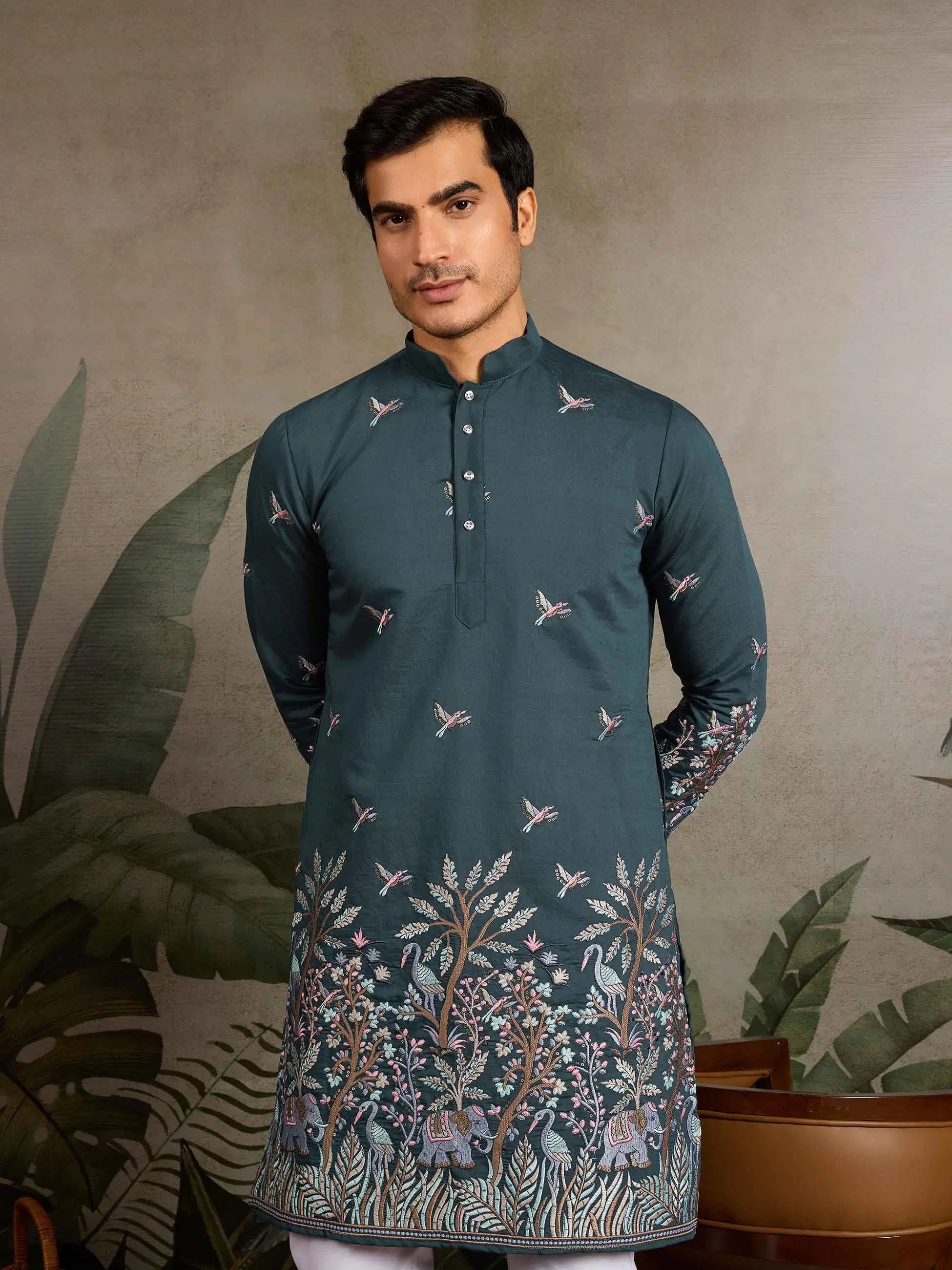 Teal Green Kurta Set With Elephant Embroidery Motifs - qivii