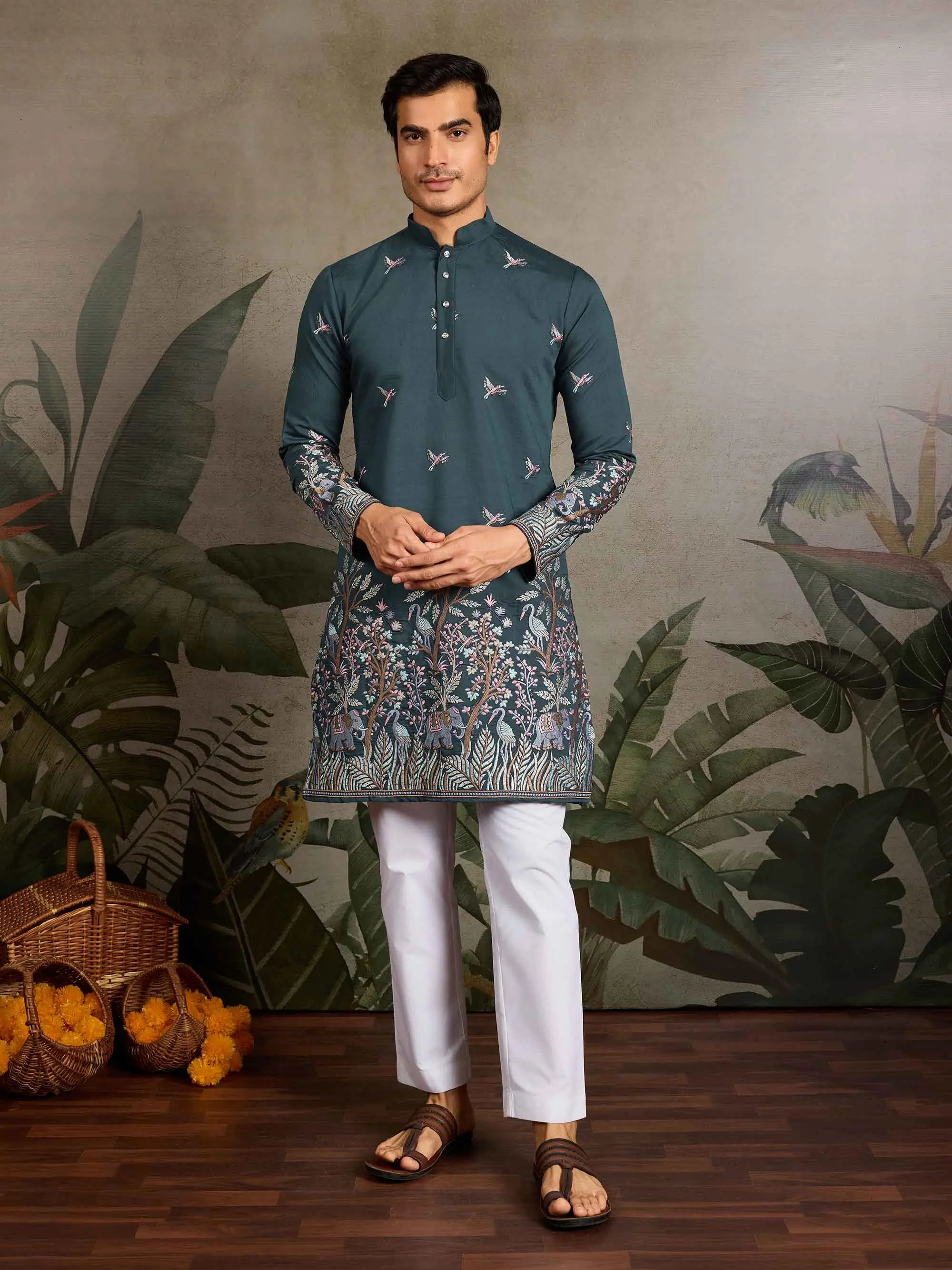 Teal Green Kurta Set With Elephant Embroidery Motifs - qivii
