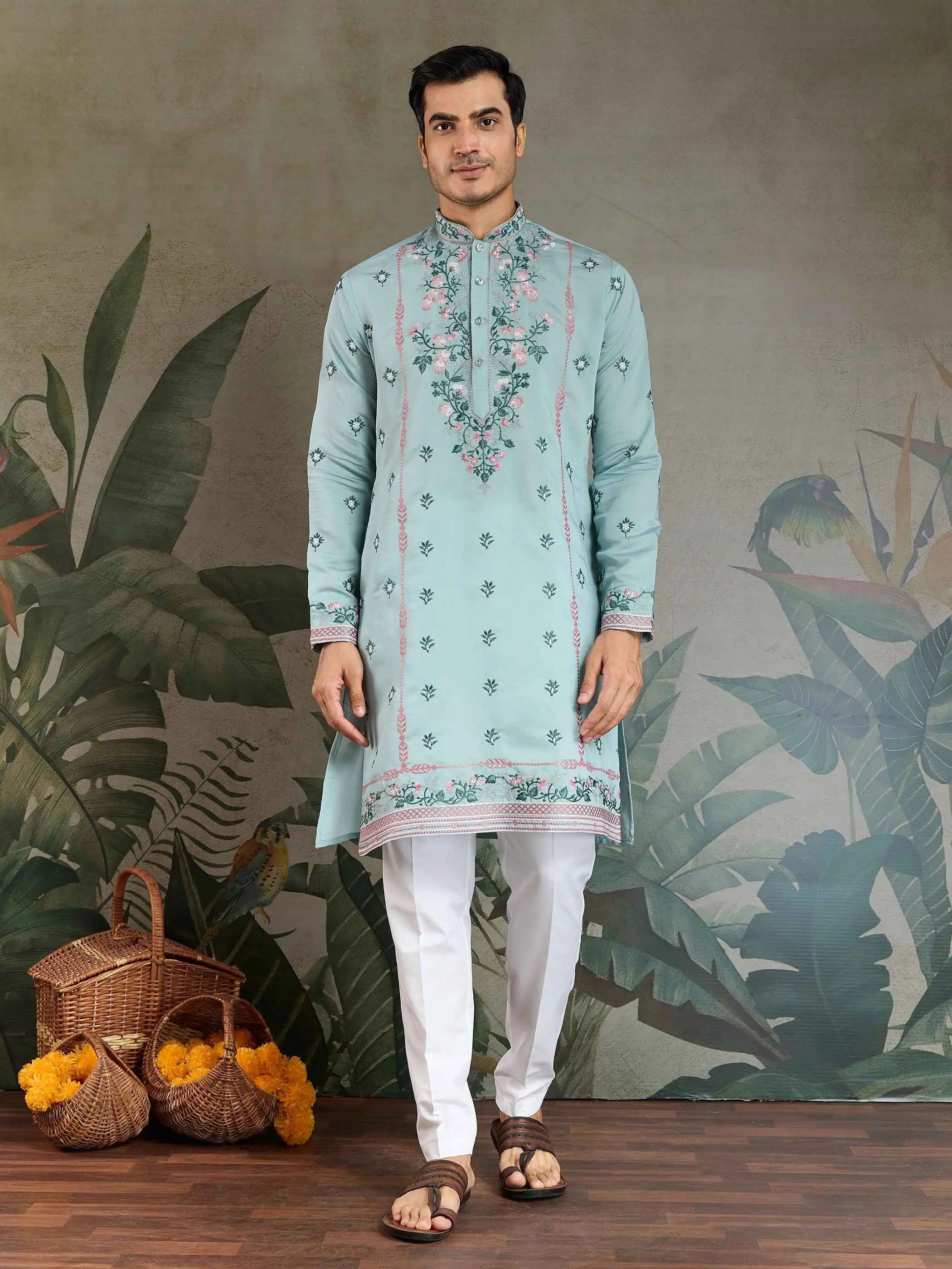 Cadet Blue Viscose Silk Thread And Sequins Embroidery Work Kurta With Pant - qivii