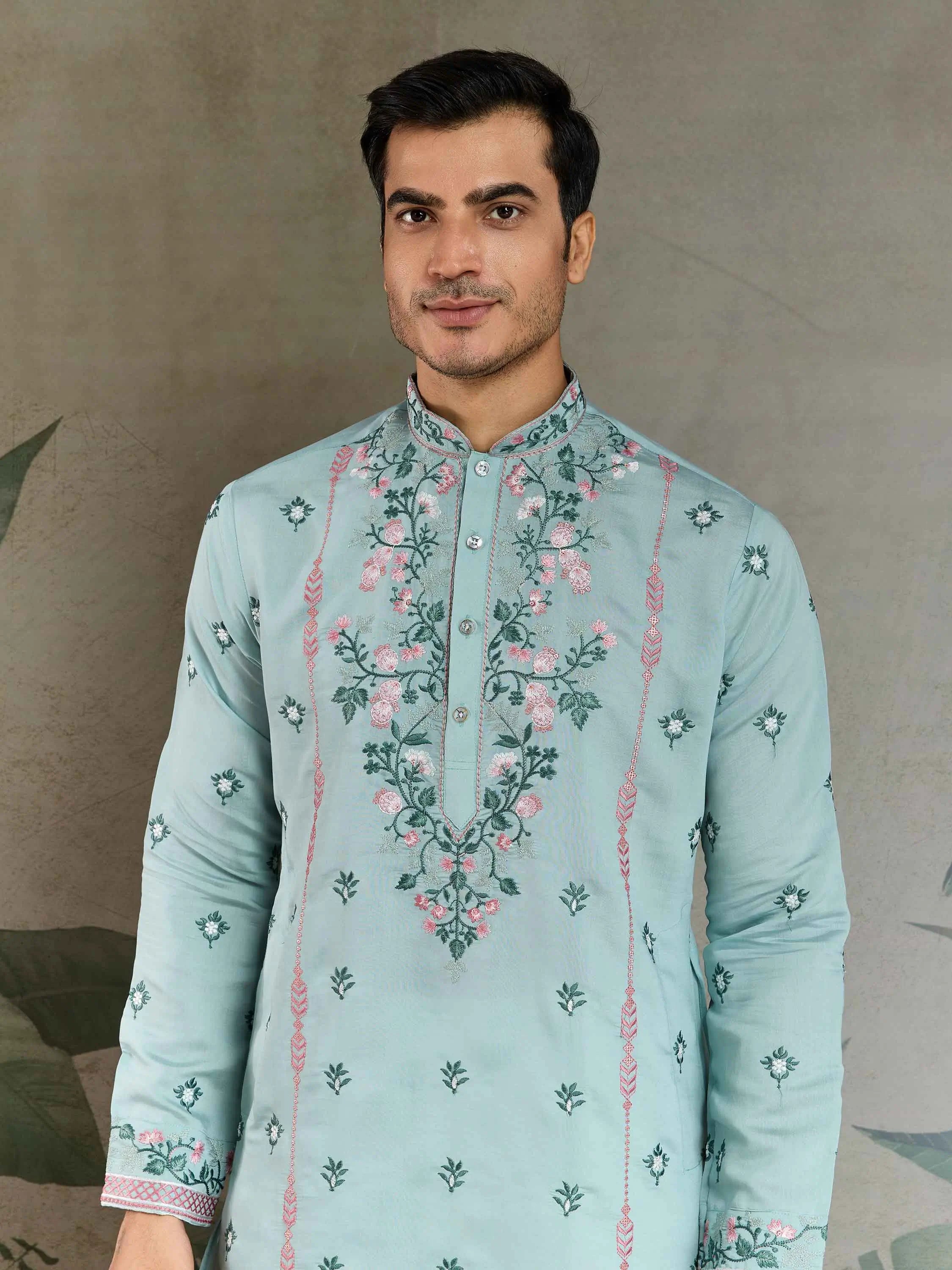 Cadet Blue Viscose Silk Thread And Sequins Embroidery Work Kurta With Pant - qivii