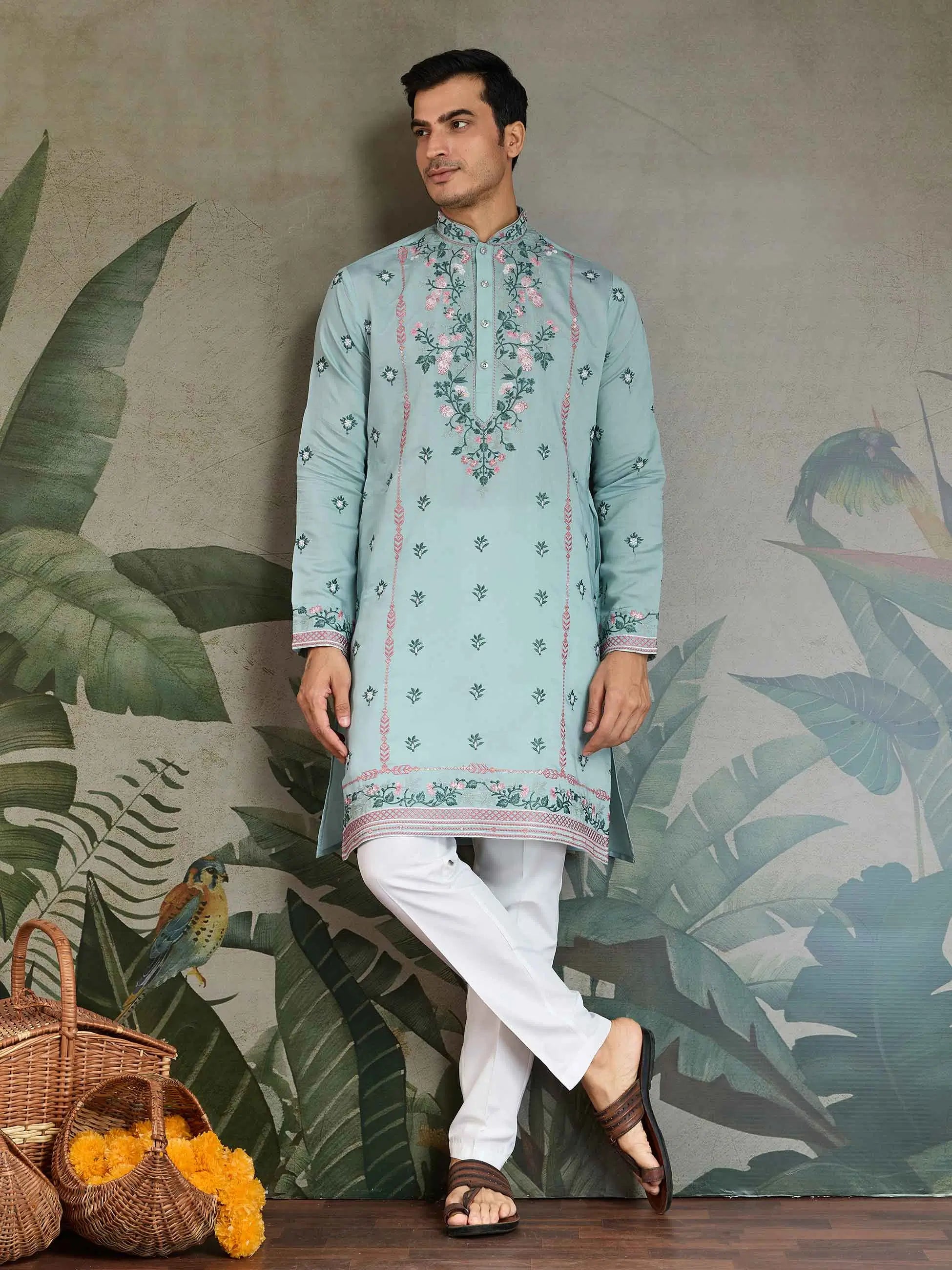 Cadet Blue Viscose Silk Thread And Sequins Embroidery Work Kurta With Pant - qivii