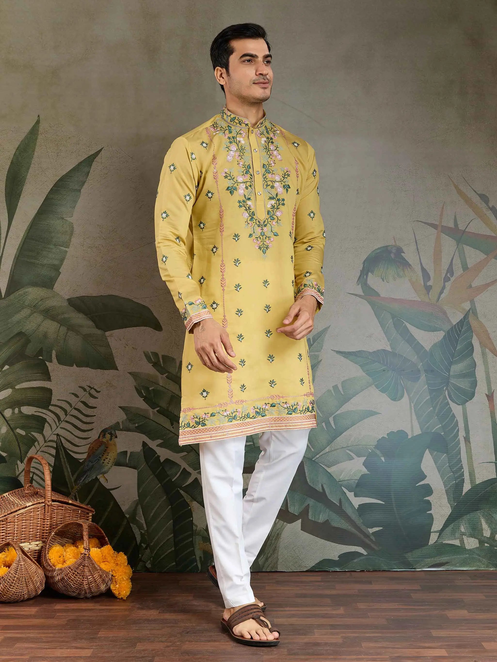 Cool Yellow Viscose Silk Thread And Sequins Embroidery Work Kurta With Pant - qivii