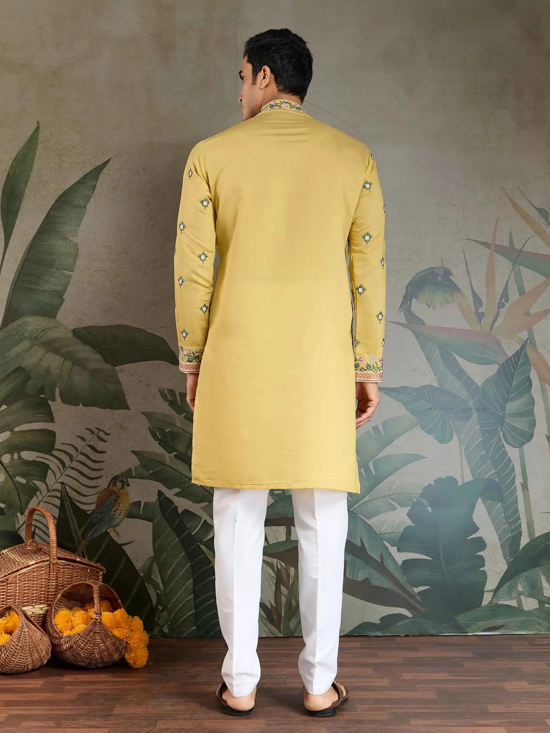 Cool Yellow Viscose Silk Thread And Sequins Embroidery Work Kurta With Pant - qivii