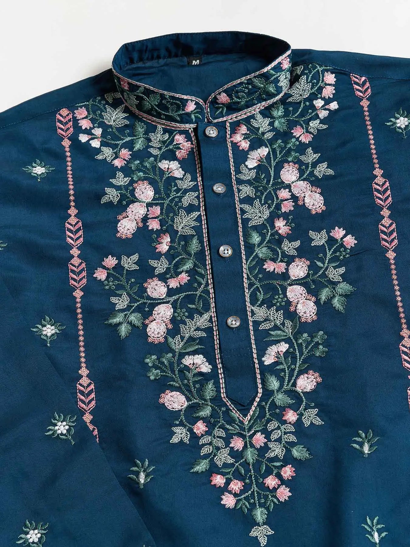 Nile Blue Viscose Silk Thread And Sequins Embroidery Work Kurta With Pant - qivii