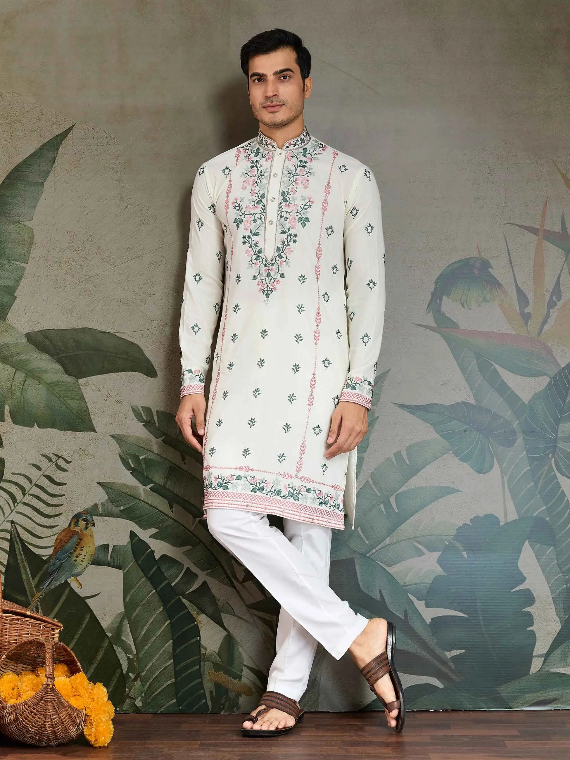 White Viscose Silk Thread And Sequins Embroidery Work Kurta With Pant - qivii