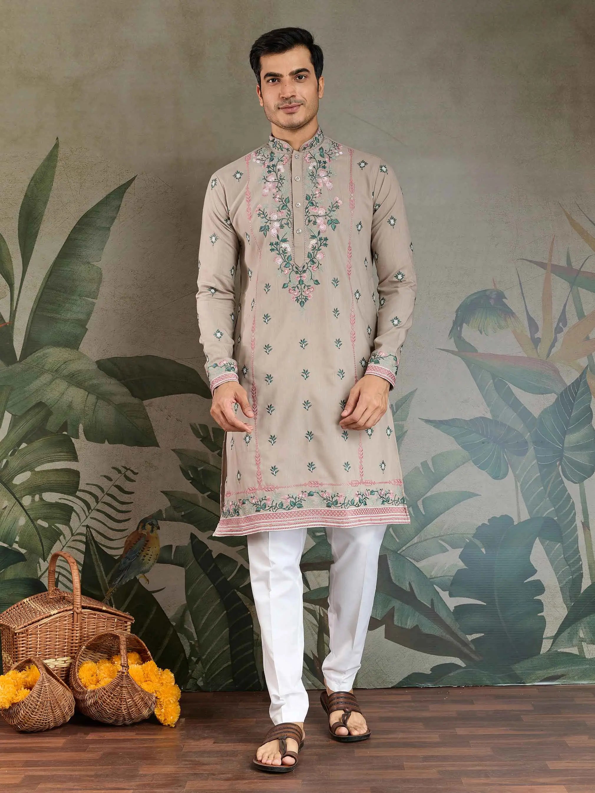 Ivory Viscose Silk Thread And Sequins Embroidery Work Kurta With Pant - qivii