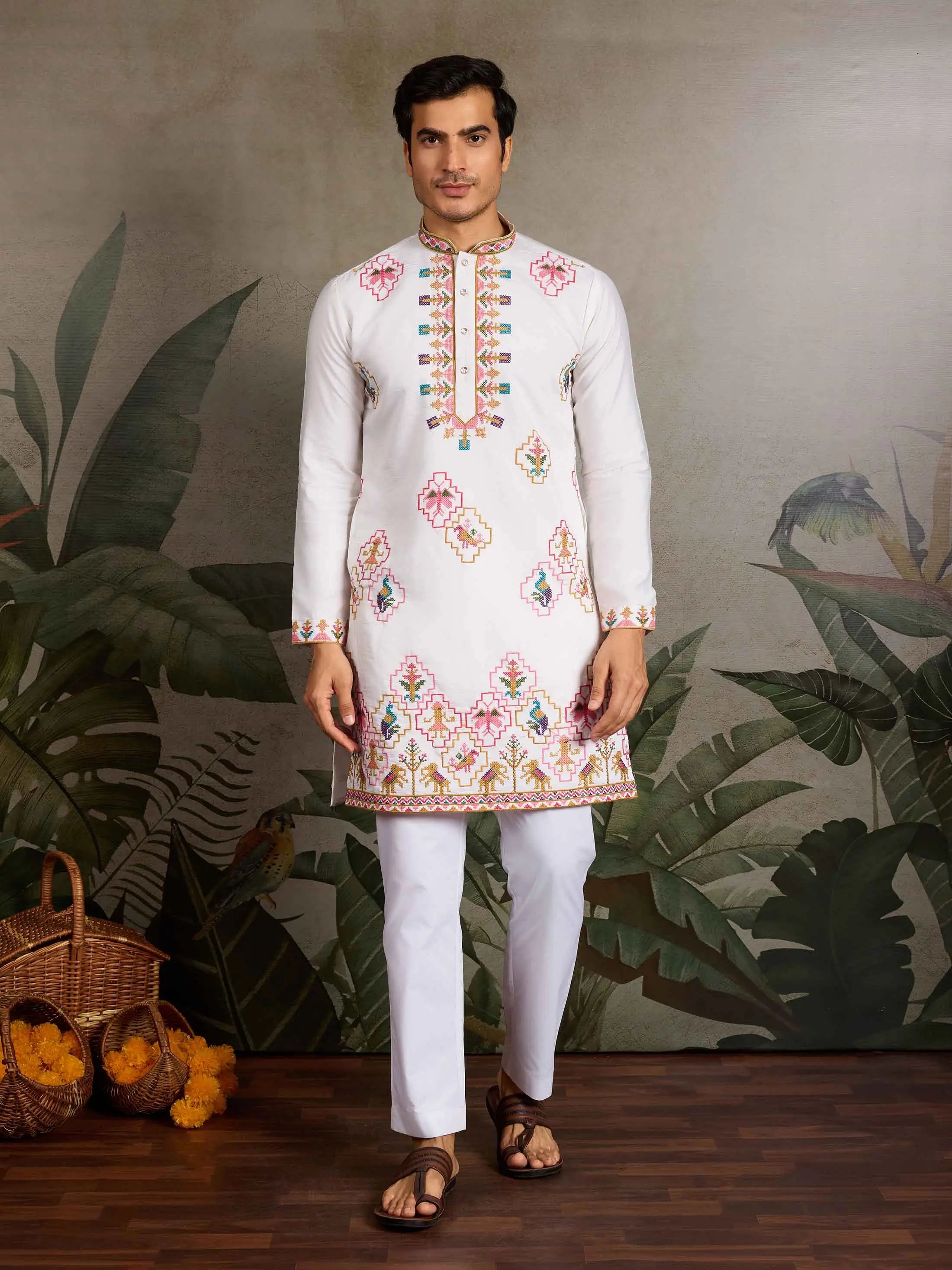 Festive White Kurta Set with Multi-Thread Embroidery Work - qivii