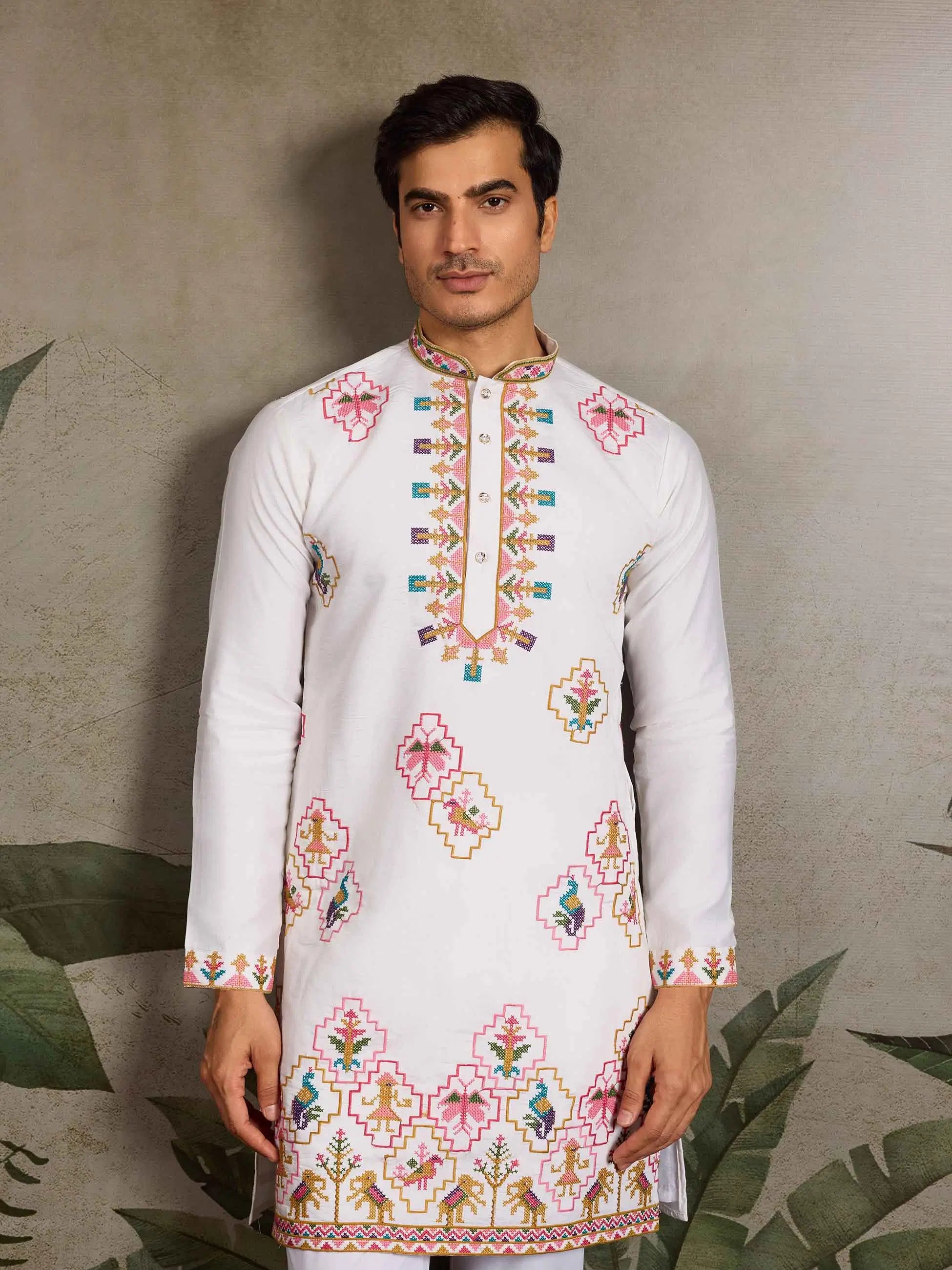 Festive White Kurta Set with Multi-Thread Embroidery Work - qivii