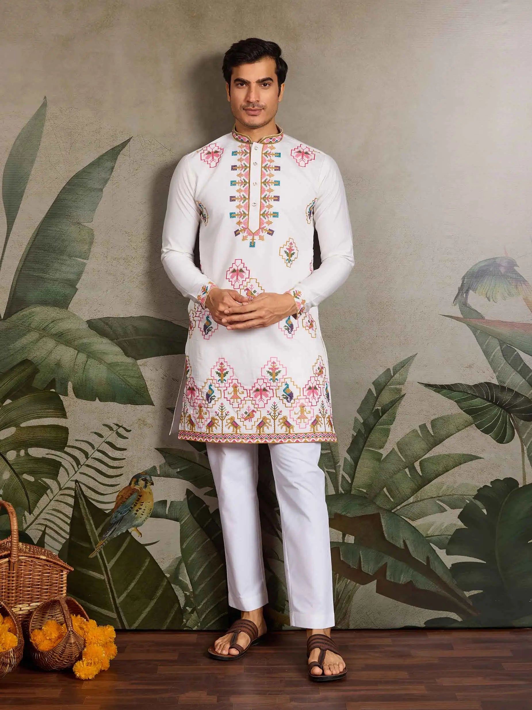 Festive White Kurta Set with Multi-Thread Embroidery Work - qivii