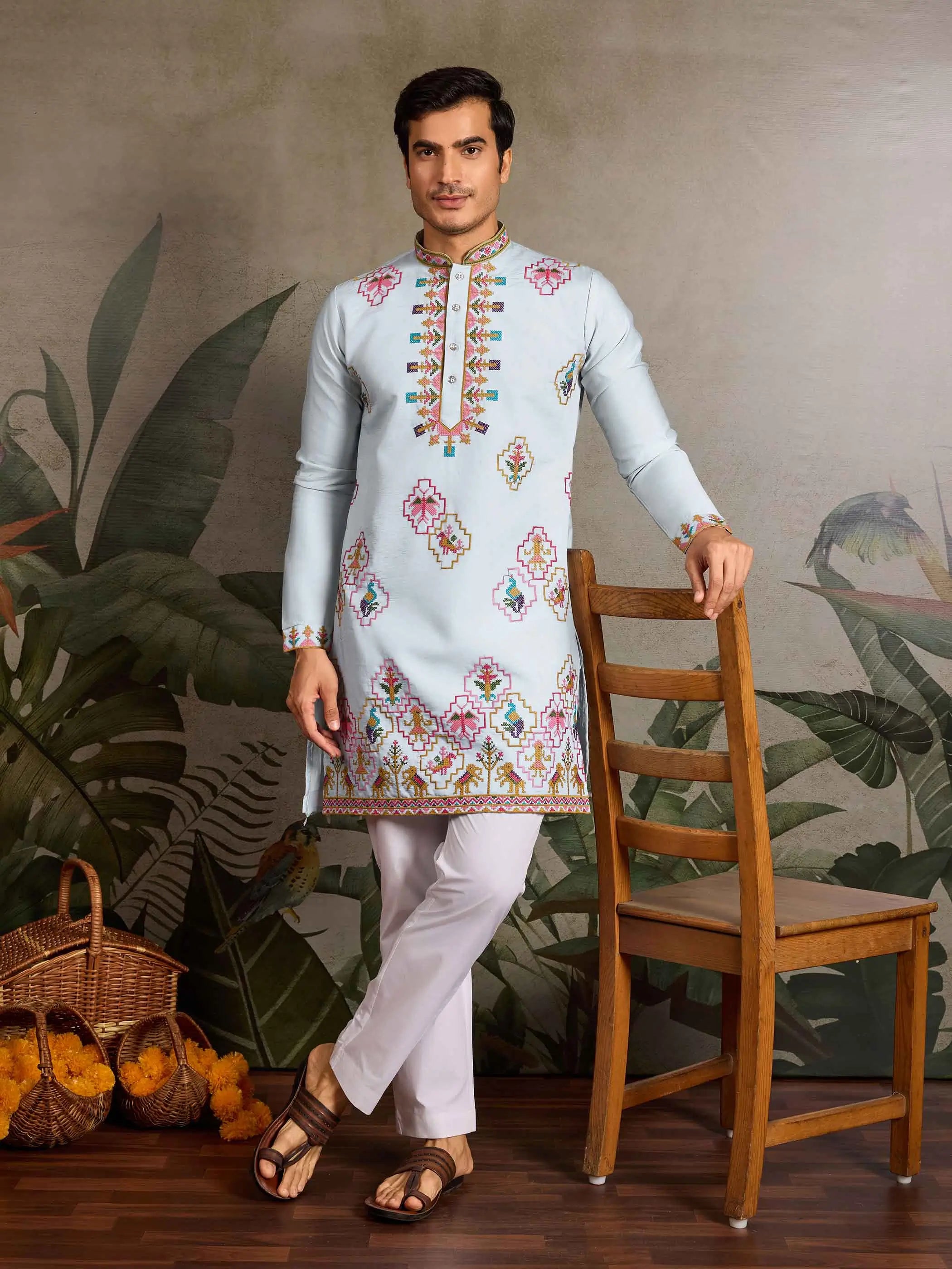 Festive Sky Kurta Set with Multi-Thread Embroidery Work - qivii