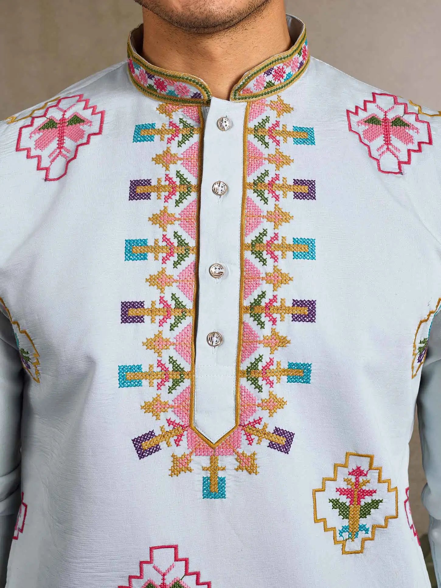 Festive Sky Kurta Set with Multi-Thread Embroidery Work - qivii