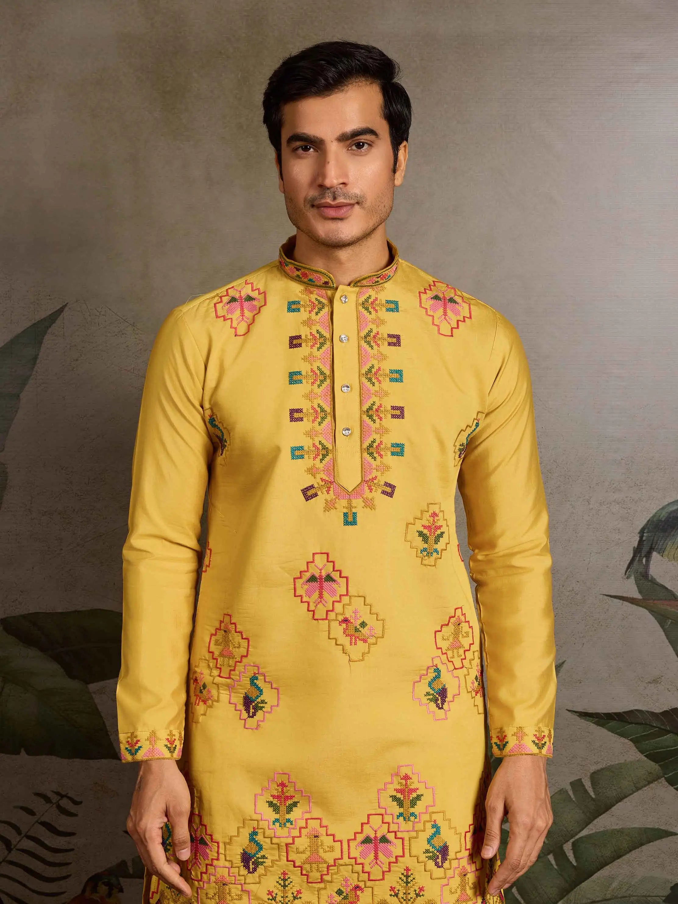 Festive Yellow Kurta Set with Multi-Thread Embroidery Work - qivii
