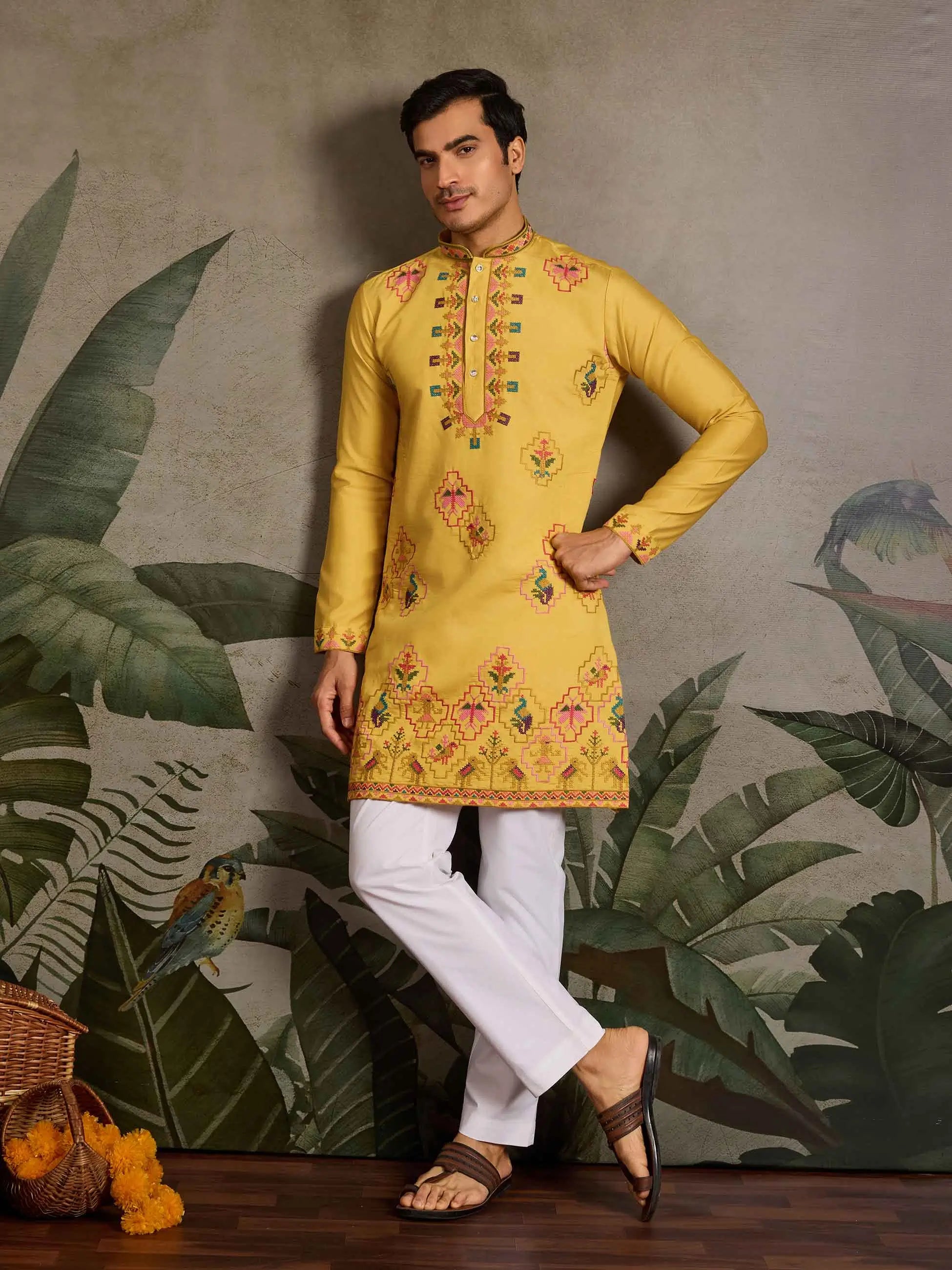 Festive Yellow Kurta Set with Multi-Thread Embroidery Work - qivii