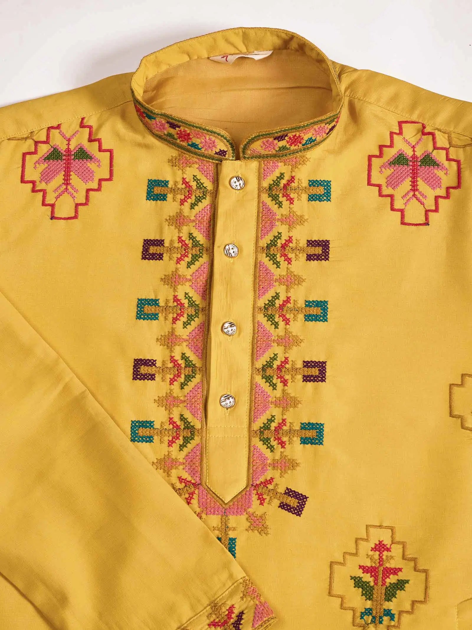 Festive Yellow Kurta Set with Multi-Thread Embroidery Work - qivii