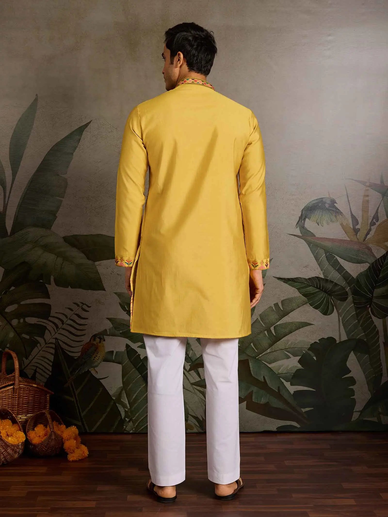 Festive Yellow Kurta Set with Multi-Thread Embroidery Work - qivii