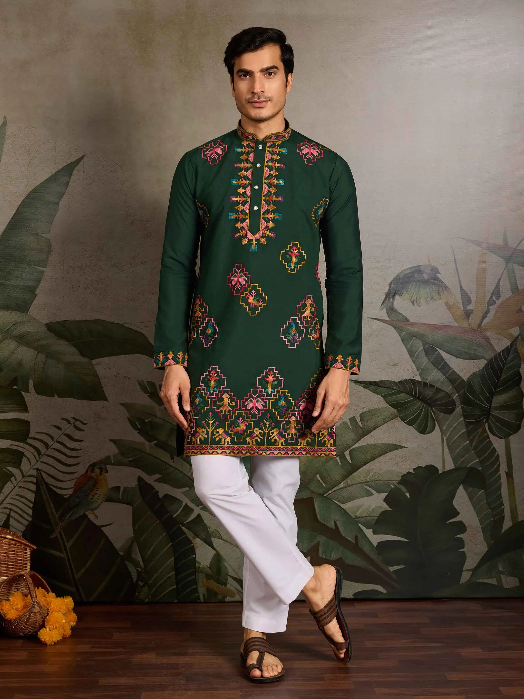 Festive Green Kurta Set with Multi-Thread Embroidery Work - qivii