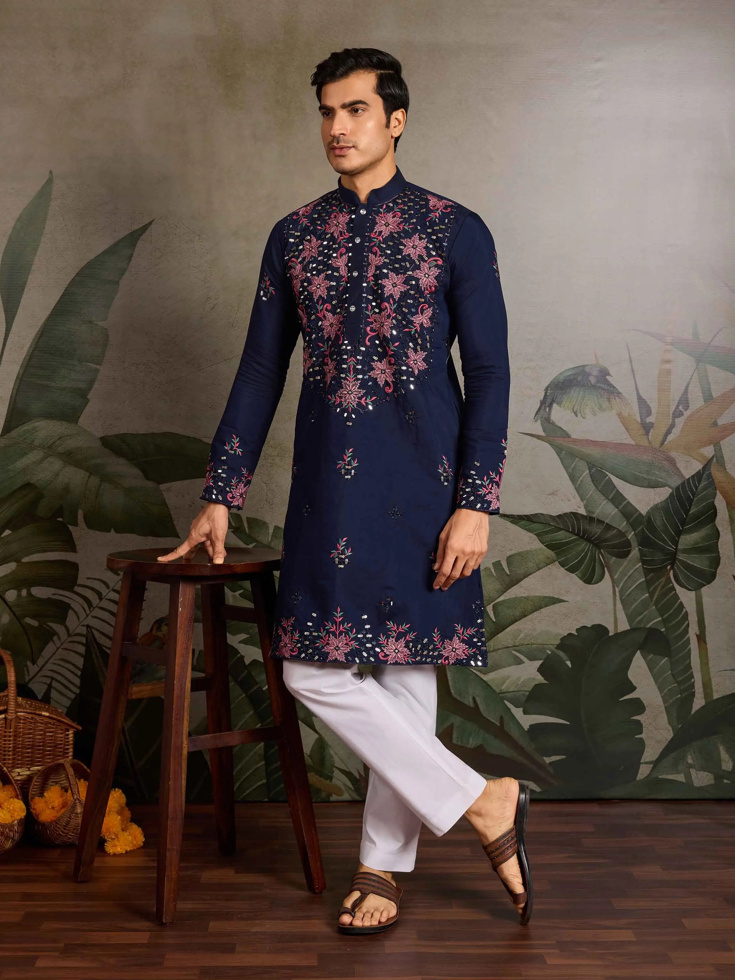 Elegant Navy Kurta Set With Mirror & Sequins Embroidery - qivii