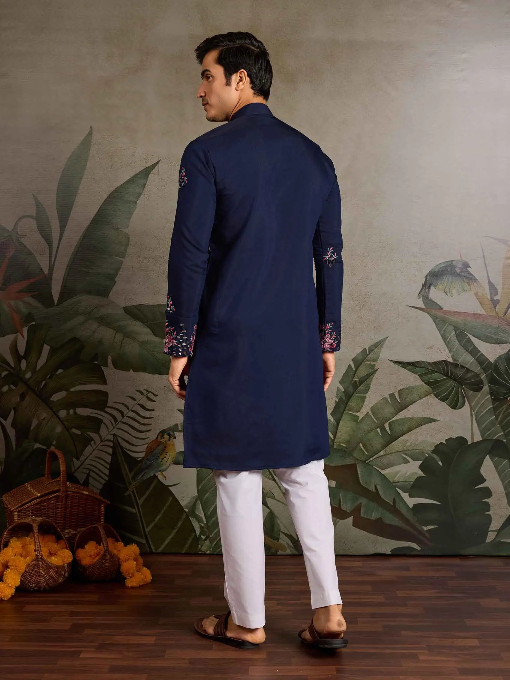 Elegant Navy Kurta Set With Mirror & Sequins Embroidery - qivii