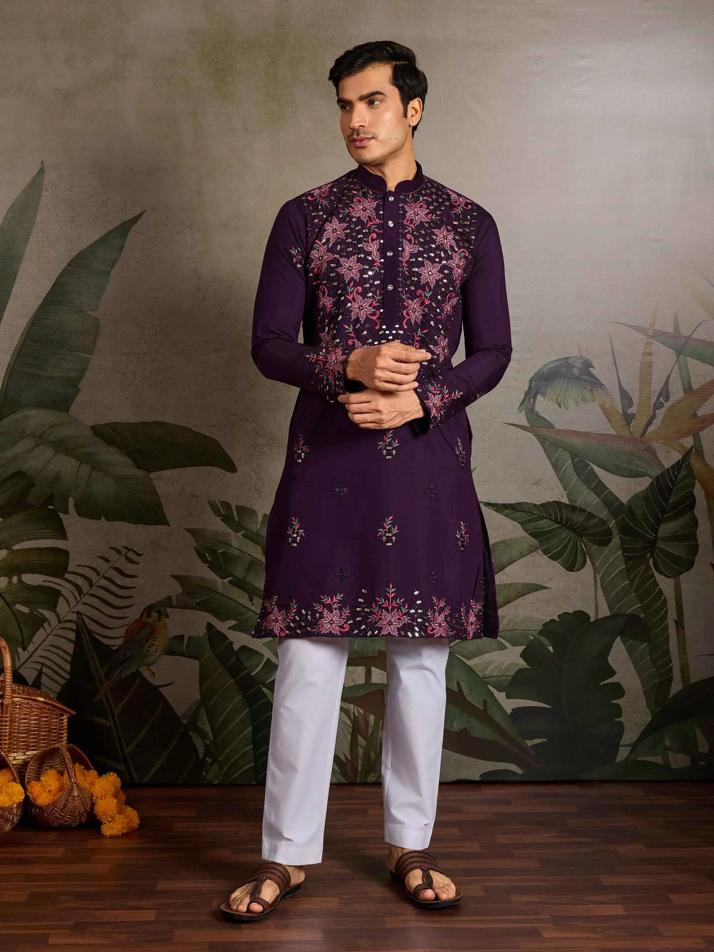 Elegant Purple Kurta Set With Mirror & Sequins Embroidery - qivii
