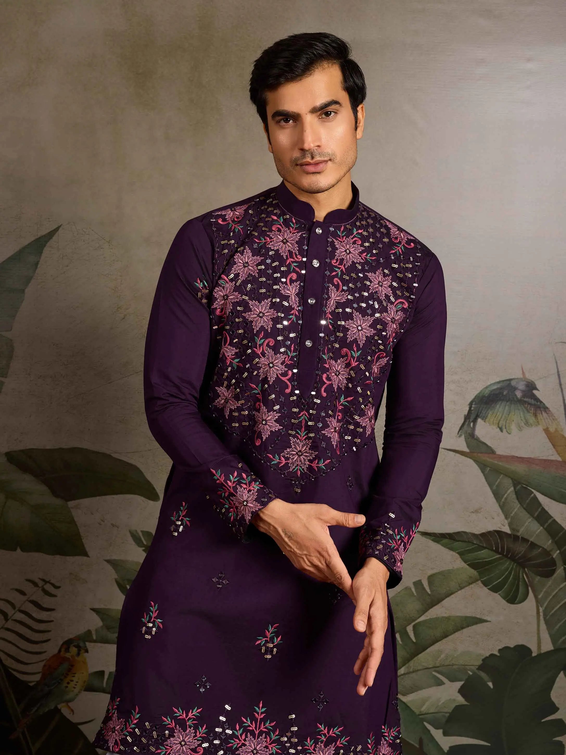 Elegant Purple Kurta Set With Mirror & Sequins Embroidery - qivii