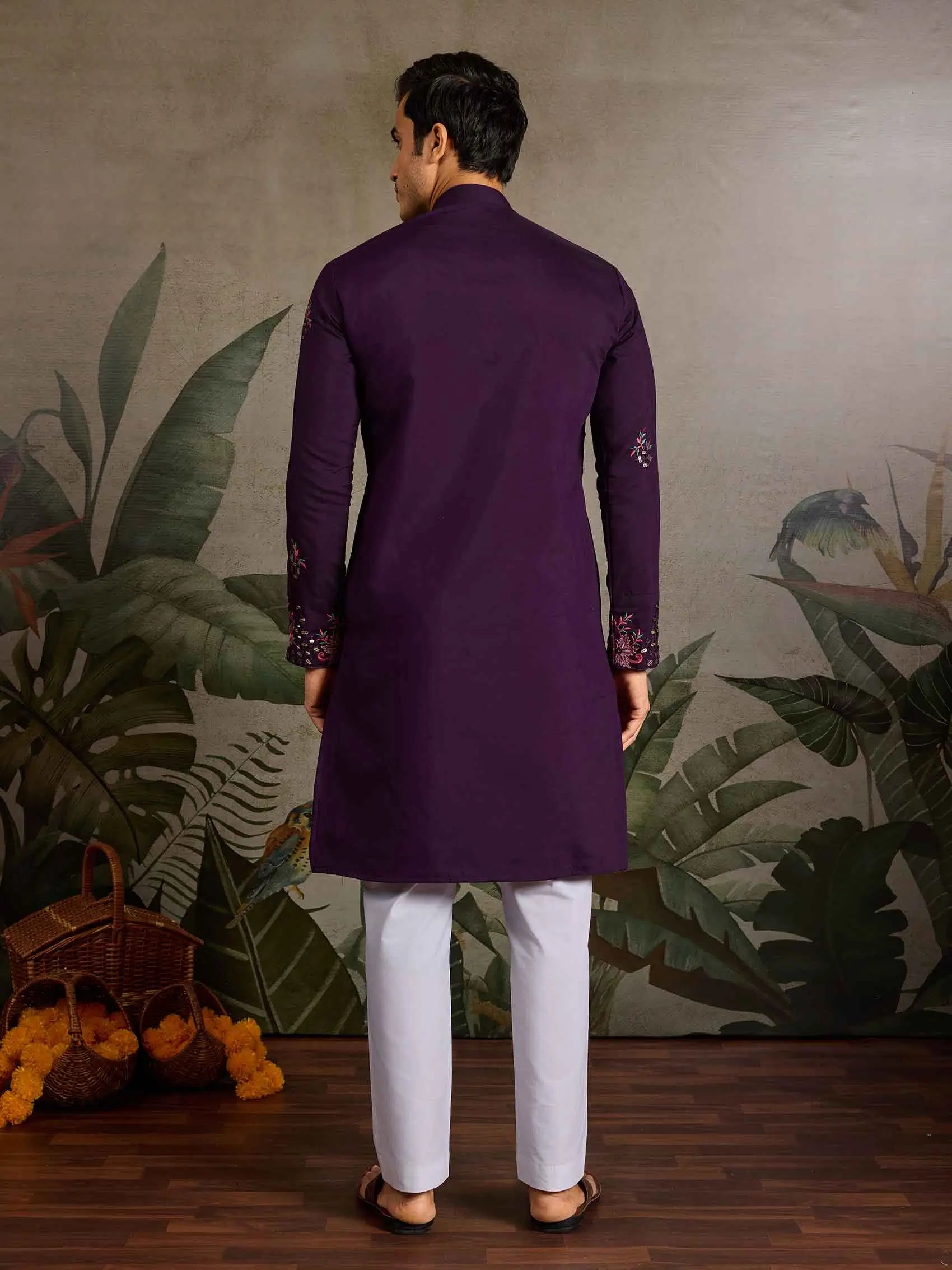 Elegant Purple Kurta Set With Mirror & Sequins Embroidery - qivii