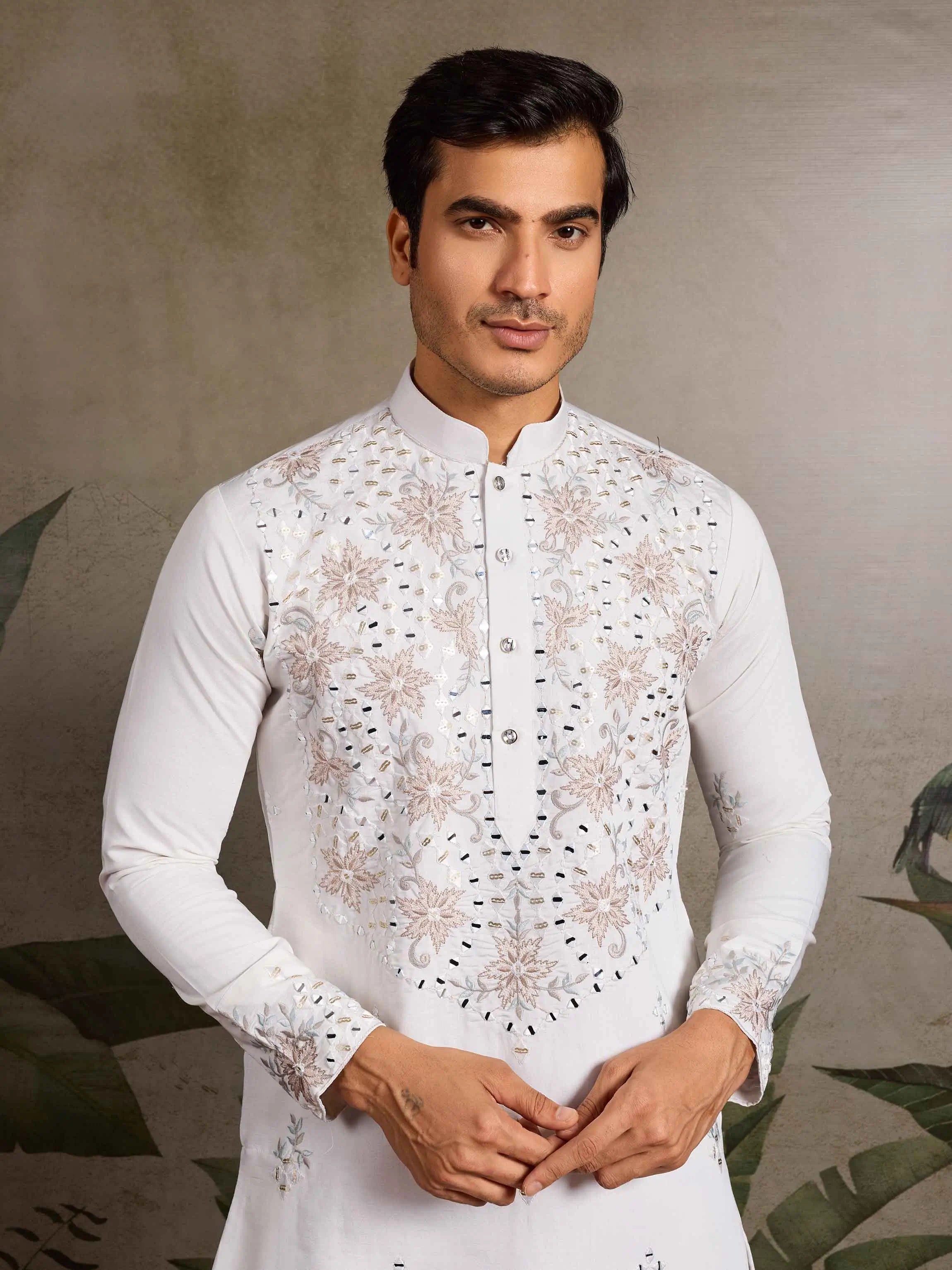 Elegant White Kurta Set With Mirror & Sequins Embroidery - qivii