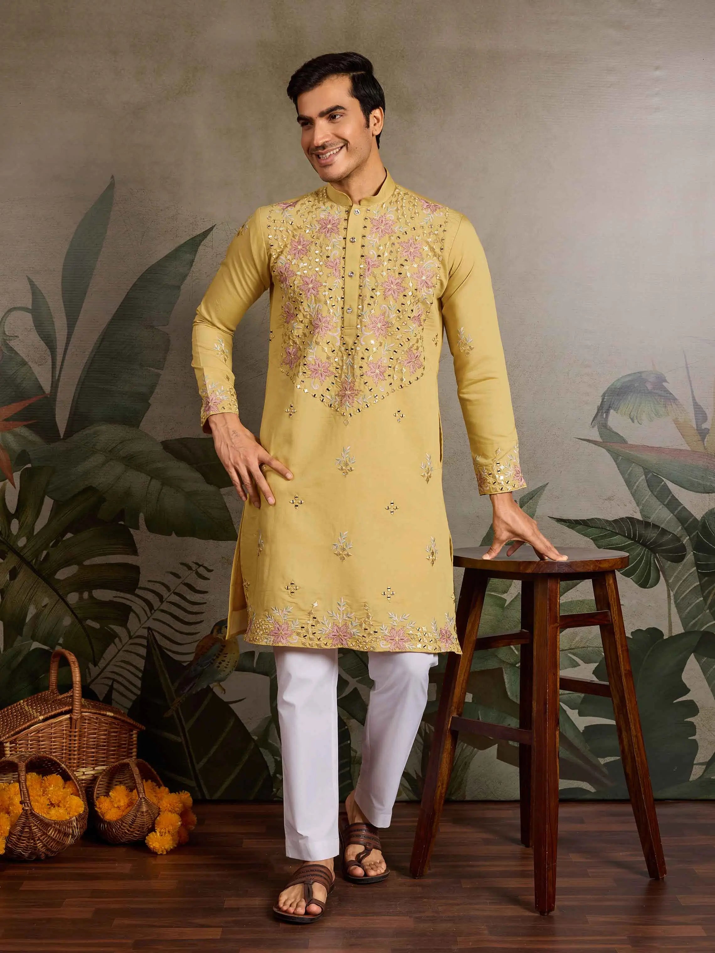 Elegant Yellow Kurta Set With Mirror & Sequins Embroidery - qivii