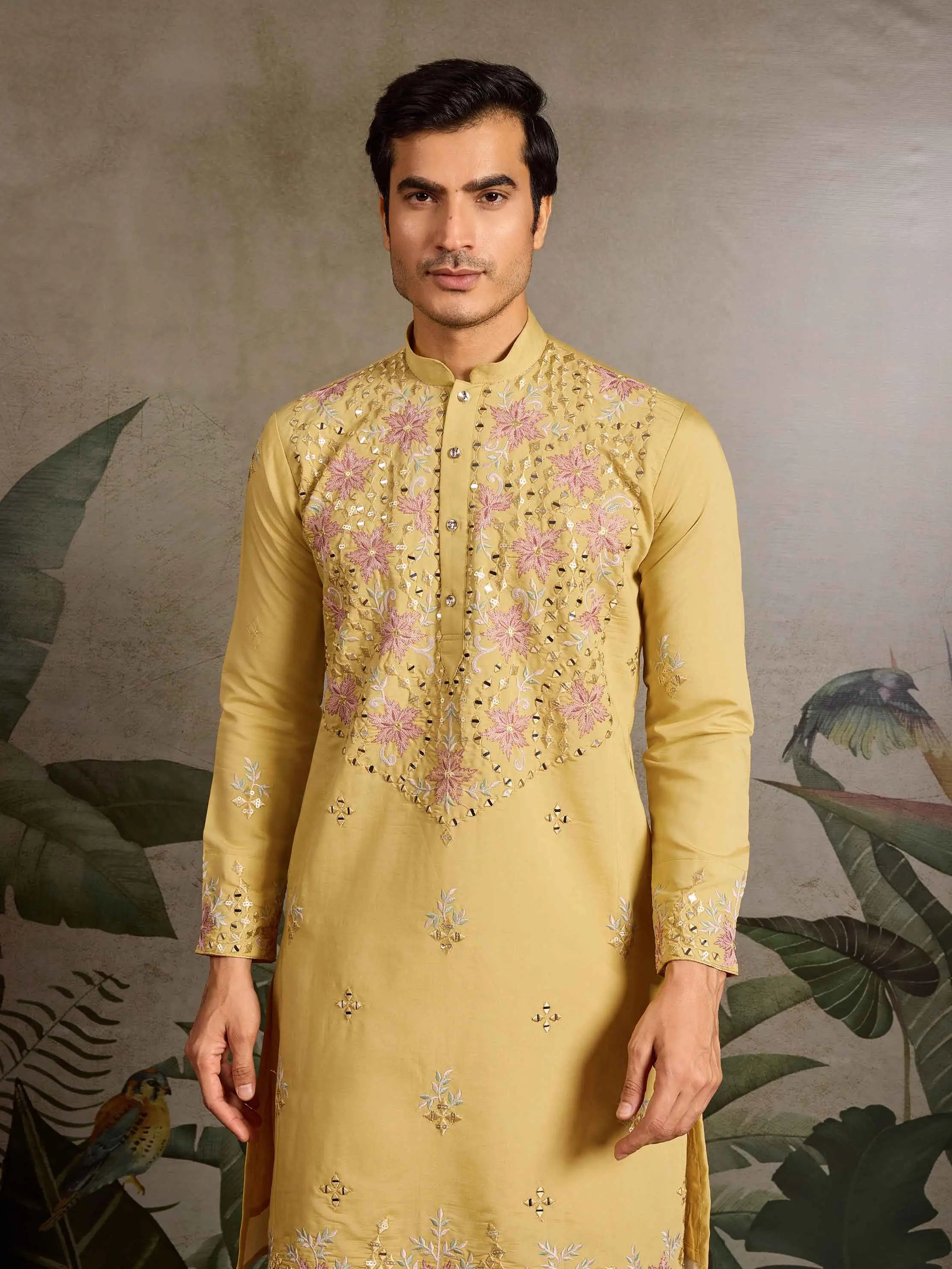 Elegant Yellow Kurta Set With Mirror & Sequins Embroidery - qivii