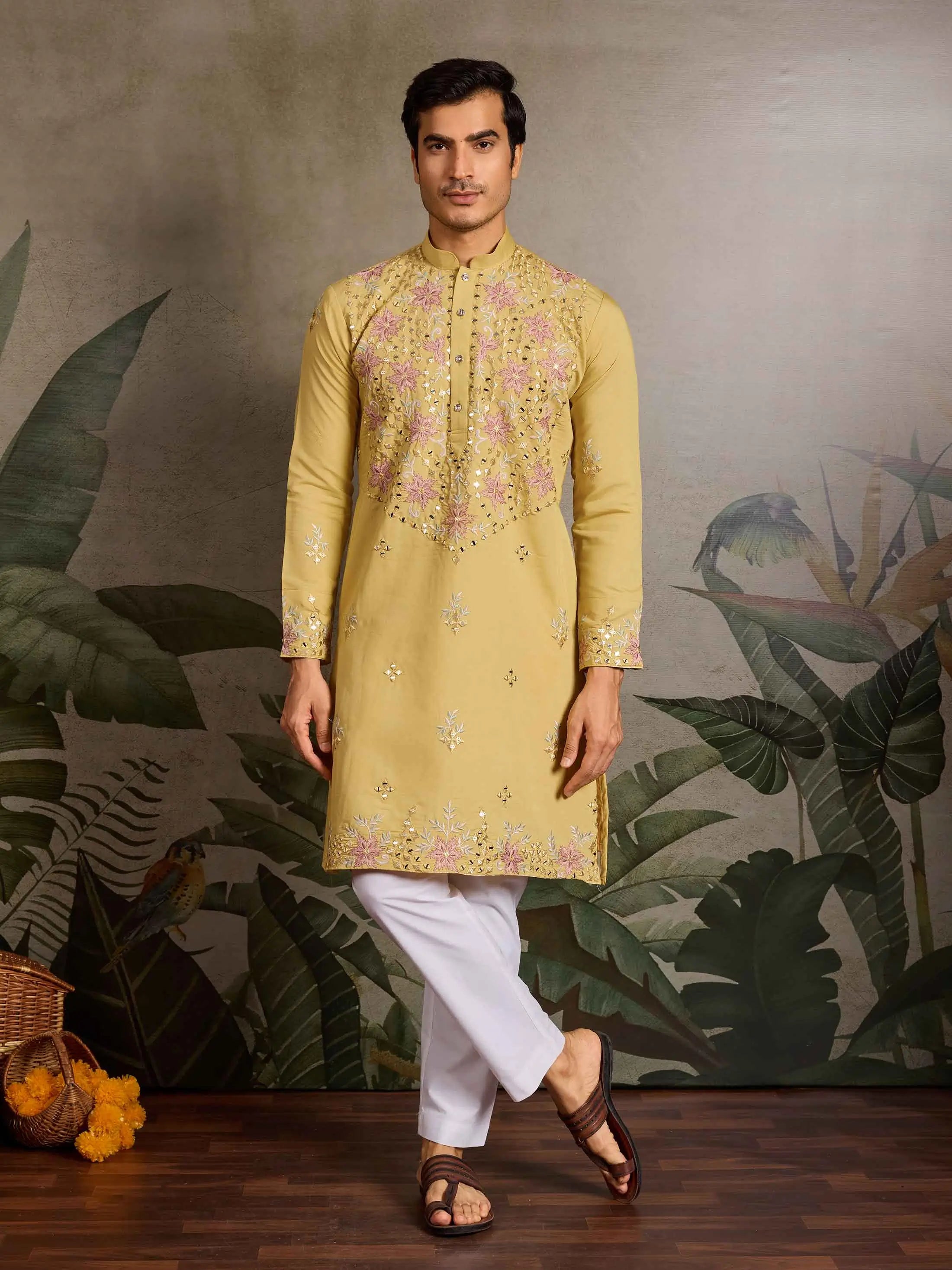 Elegant Yellow Kurta Set With Mirror & Sequins Embroidery - qivii