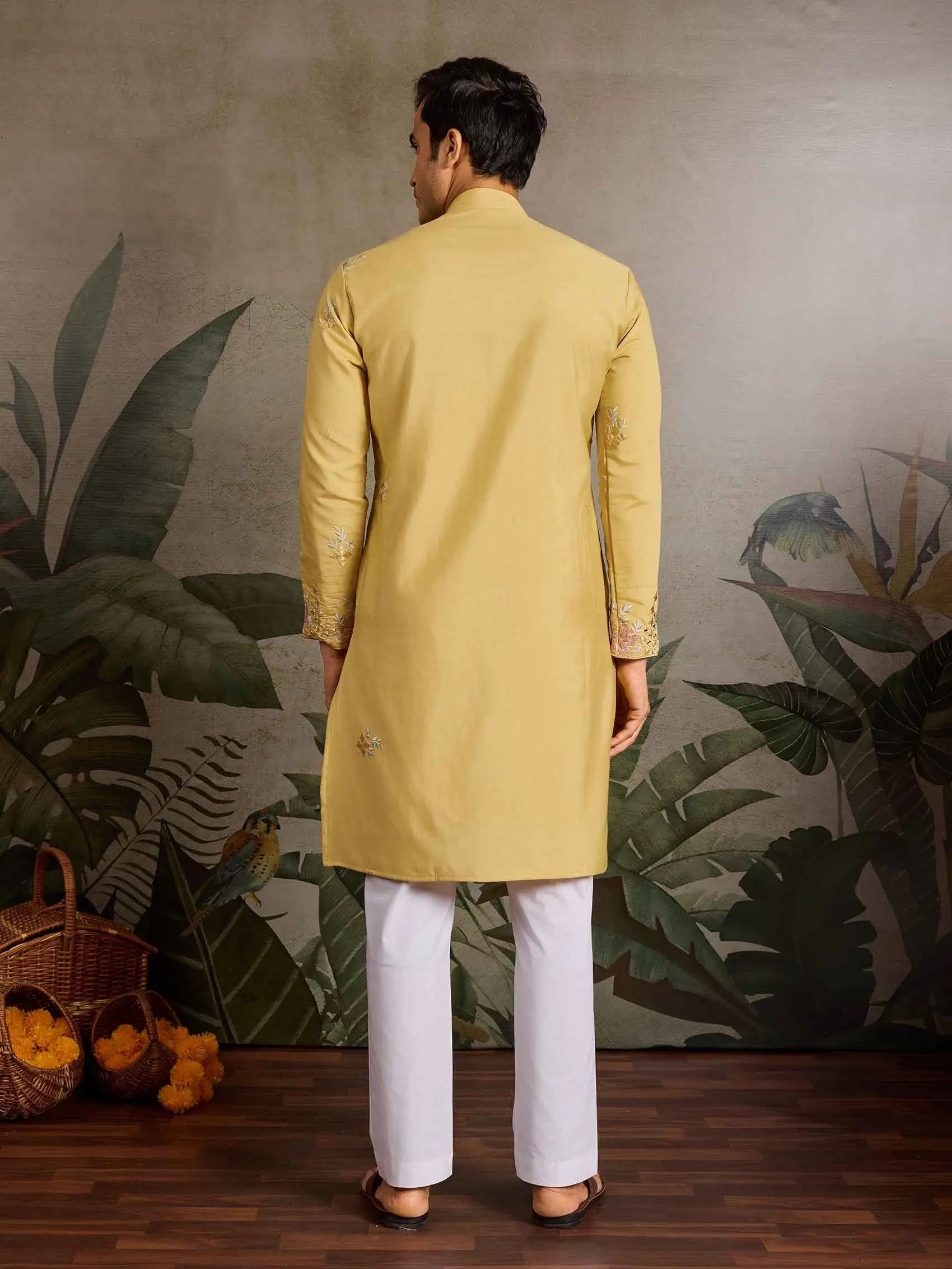 Elegant Yellow Kurta Set With Mirror & Sequins Embroidery - qivii