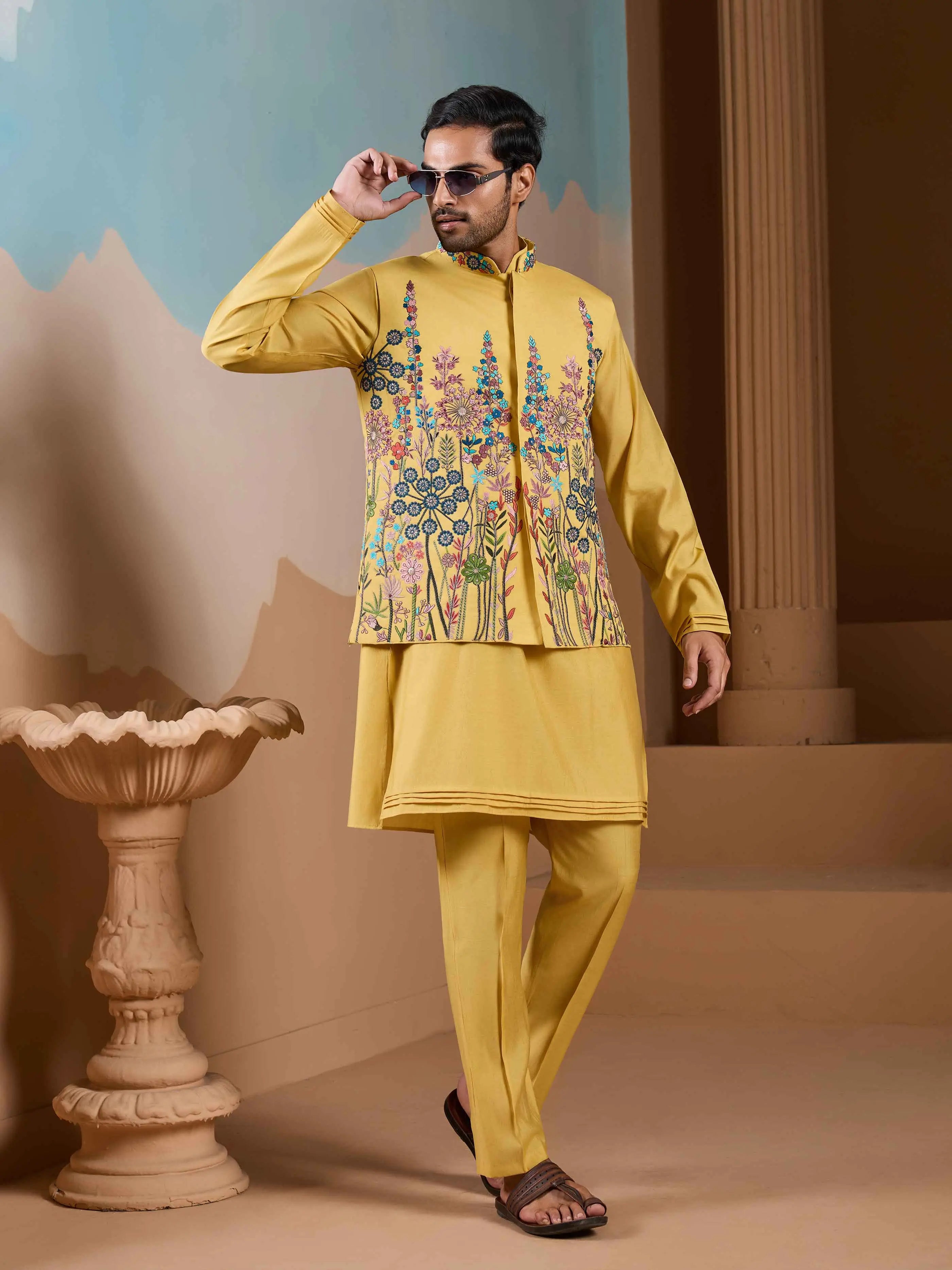 Yellow Kurta Set With Embroidery Sequins Jacket