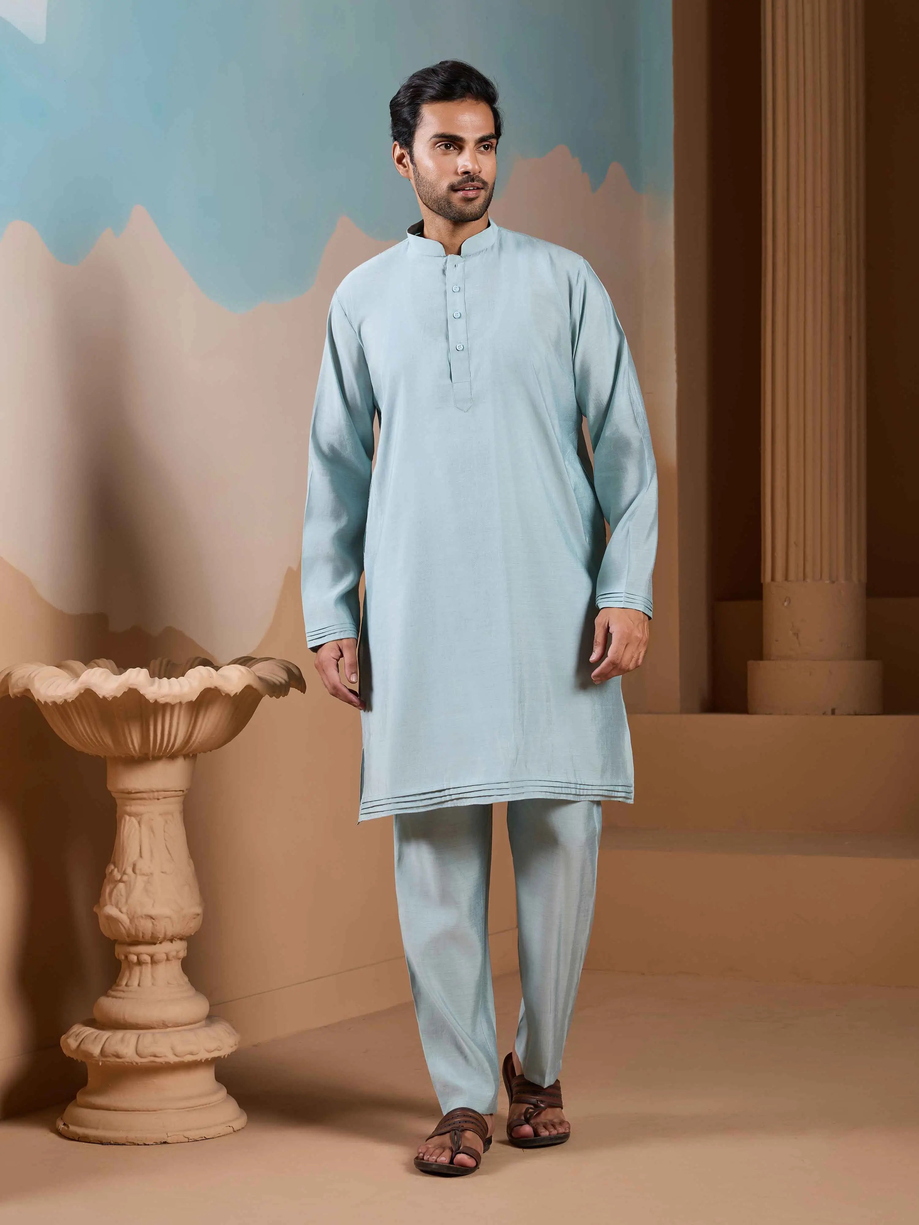 Light Pista Kurta Set With Embroidery Sequins Koti