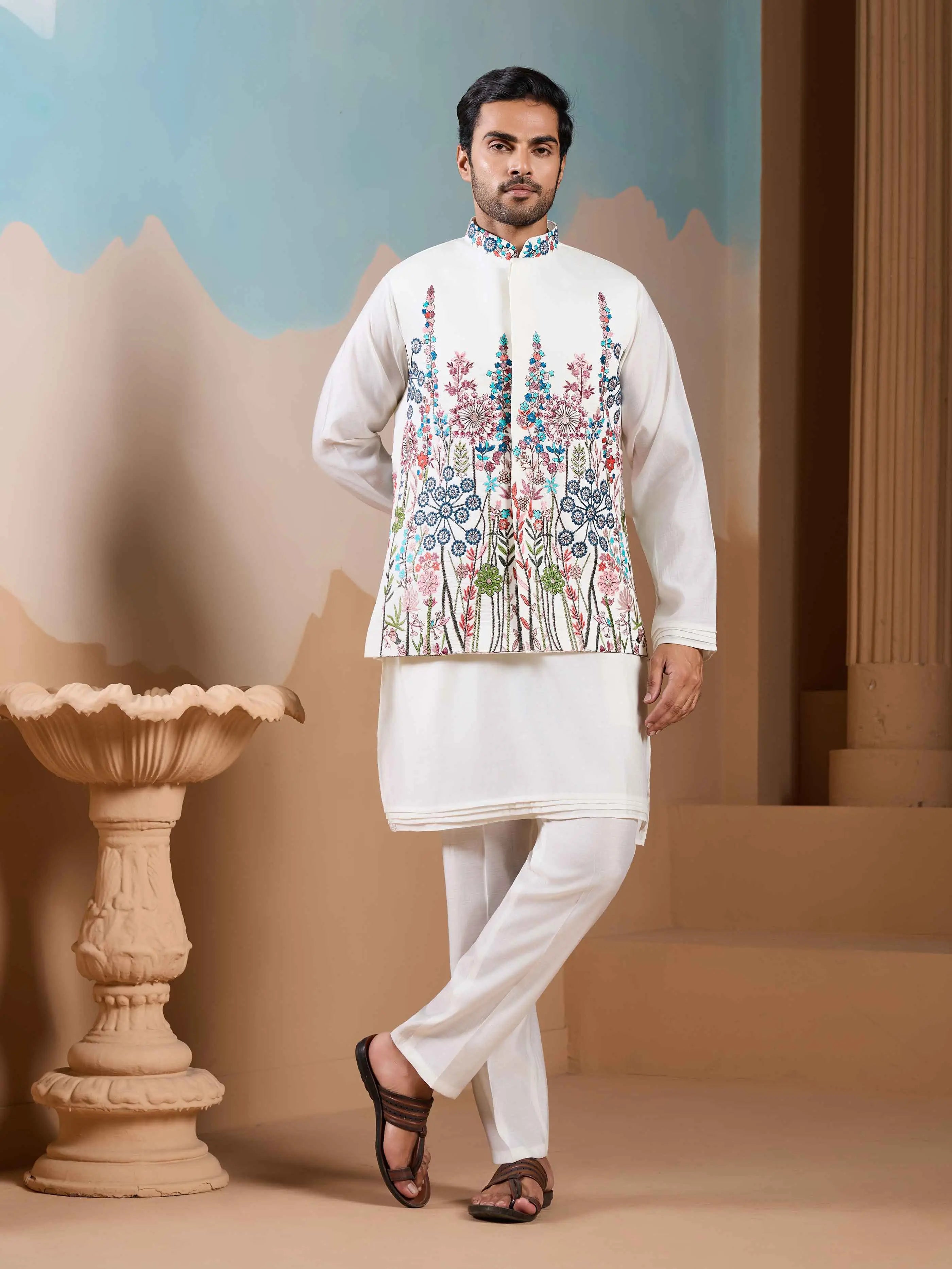 White Kurta Set With Embroidery Sequins Jacket