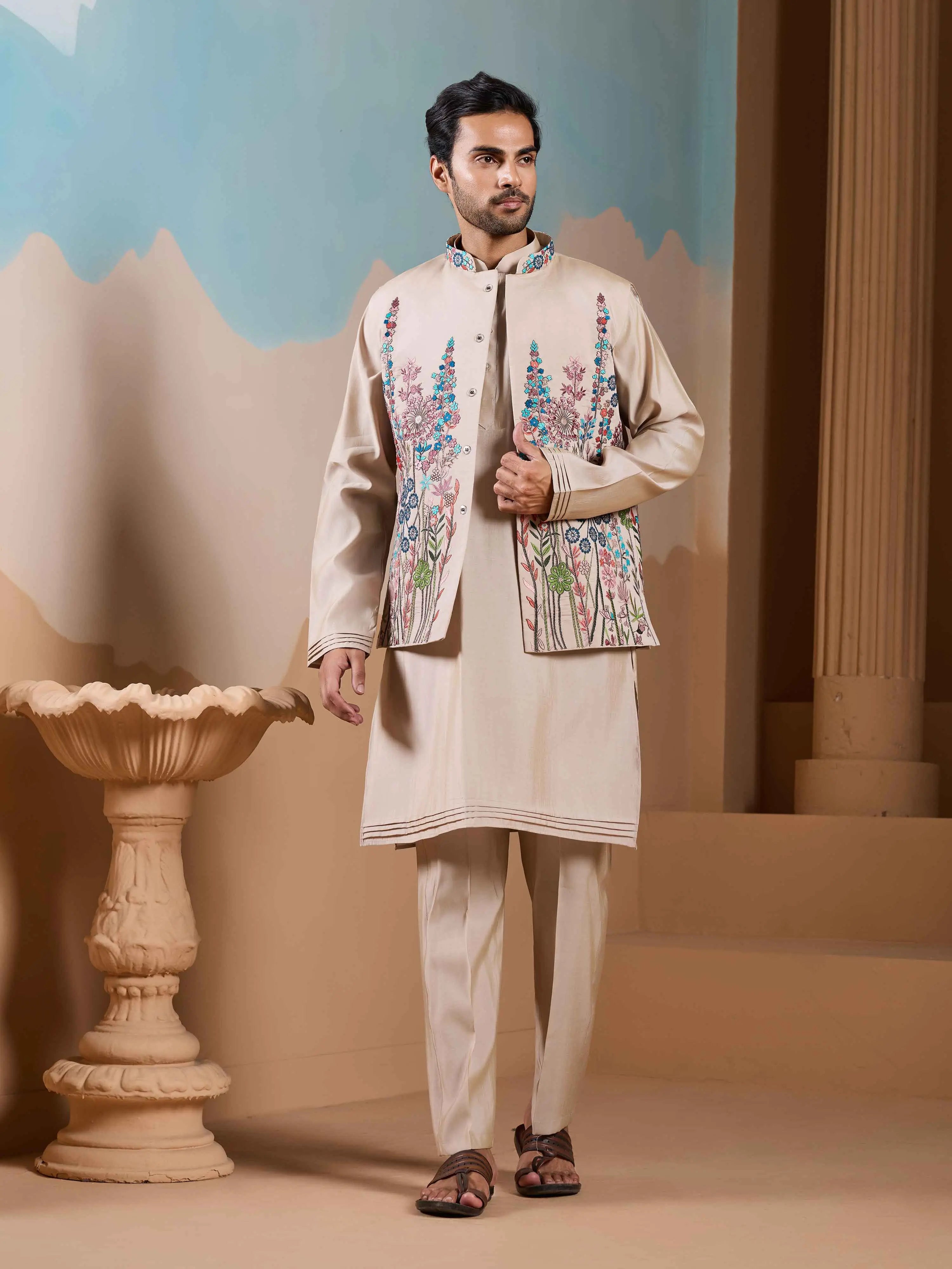 Beige Kurta Set With Embroidery Sequins Jacket