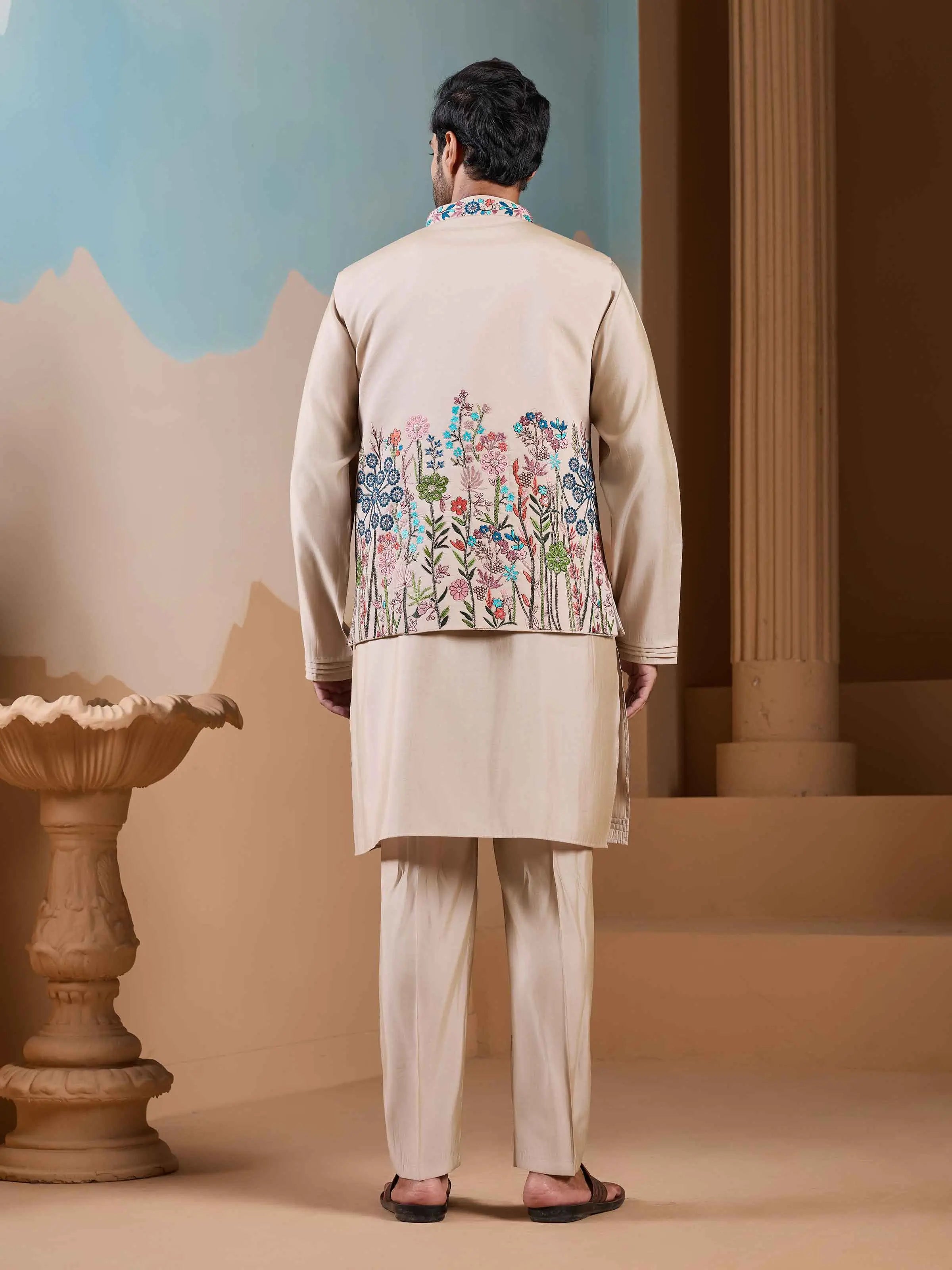 Beige Kurta Set With Embroidery Sequins Jacket