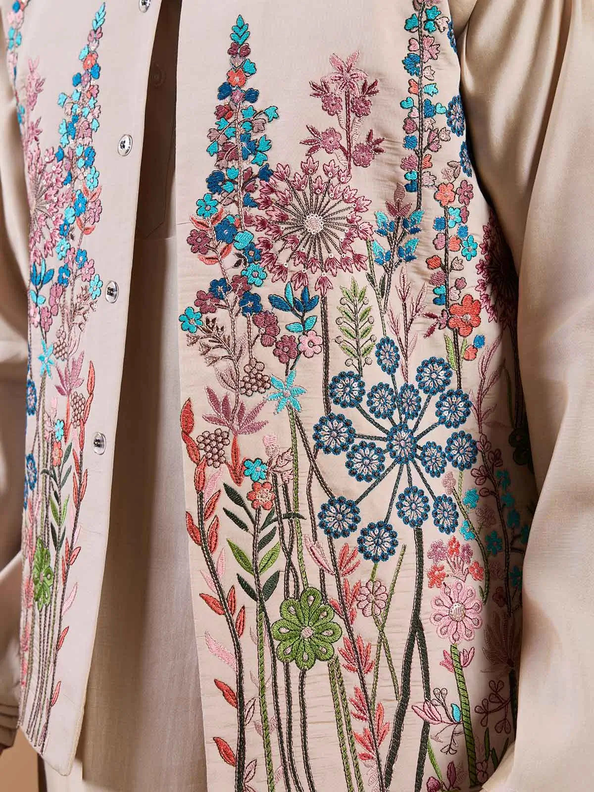 Beige Kurta Set With Embroidery Sequins Jacket