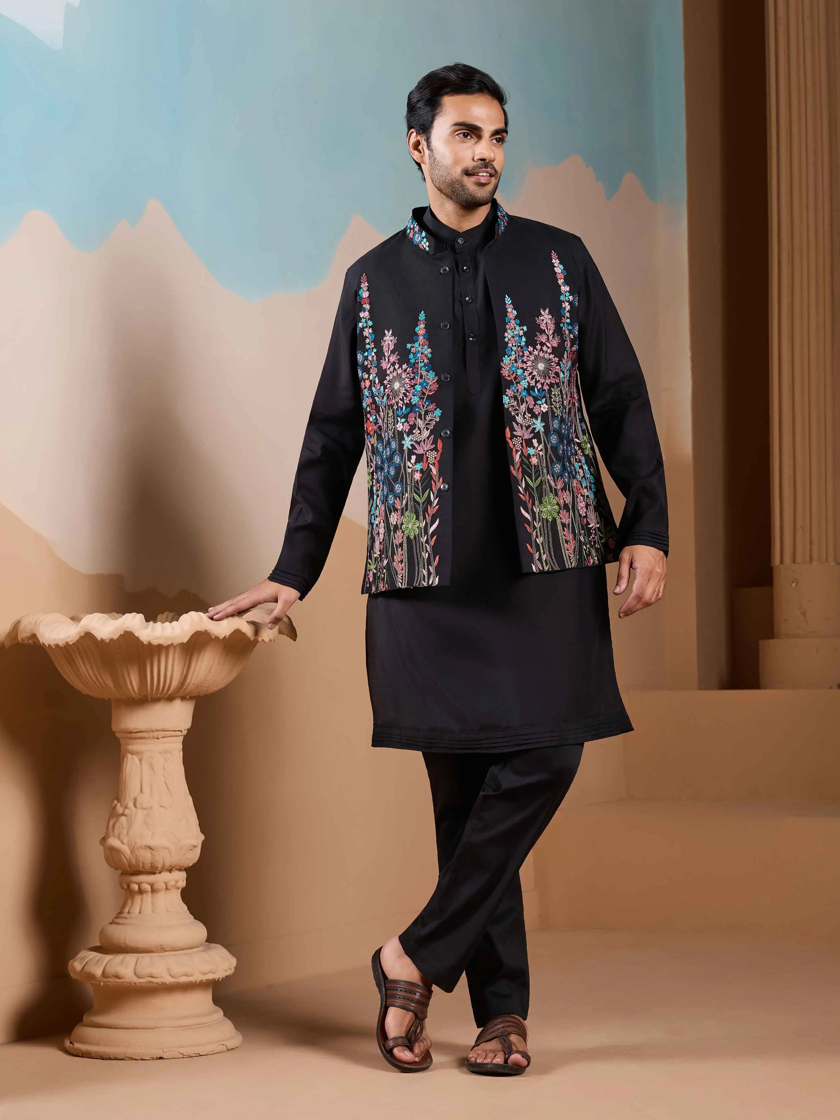 Black Kurta Set With Embroidery Sequins Jacket
