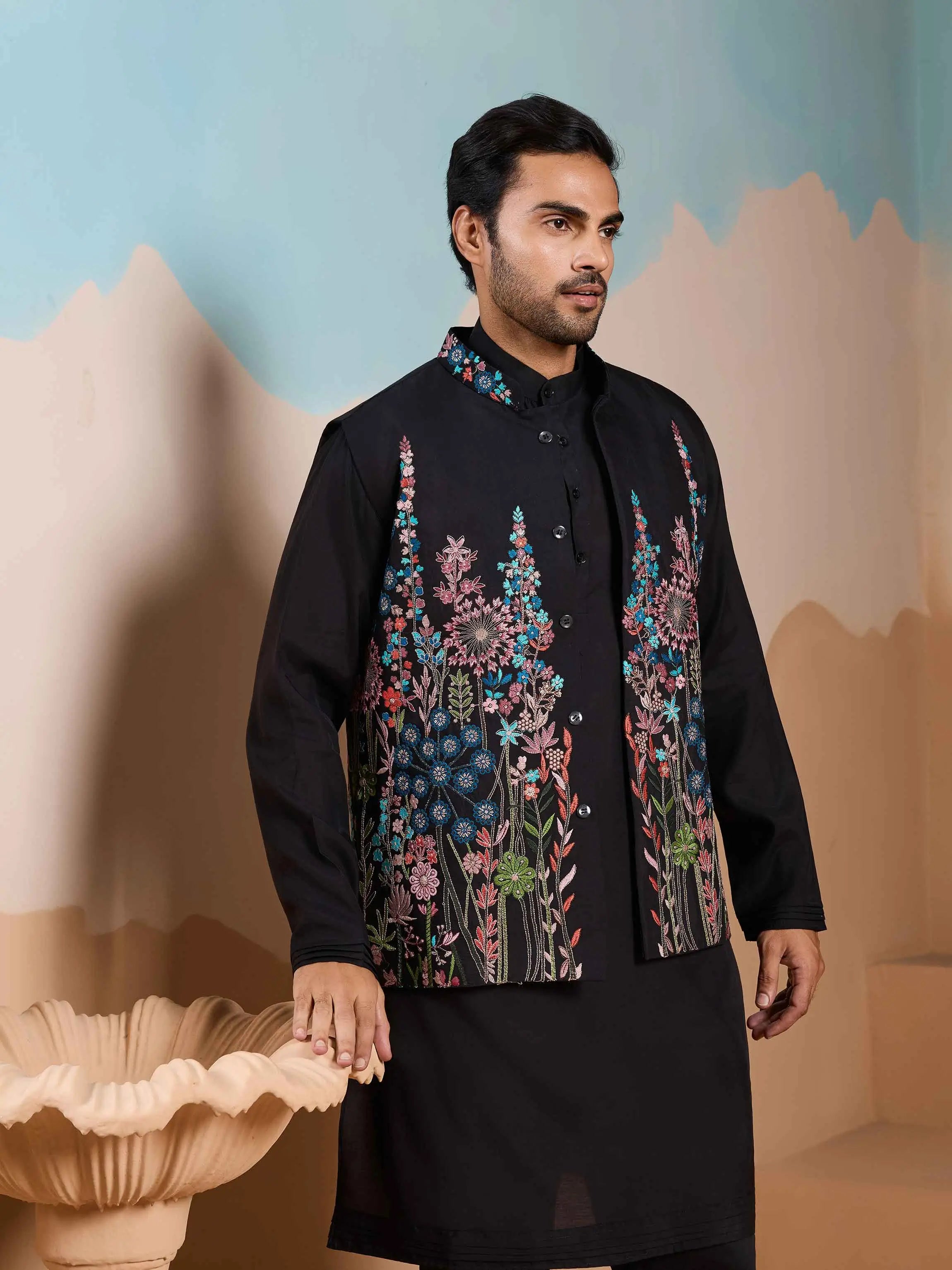 Black Kurta Set With Embroidery Sequins Jacket