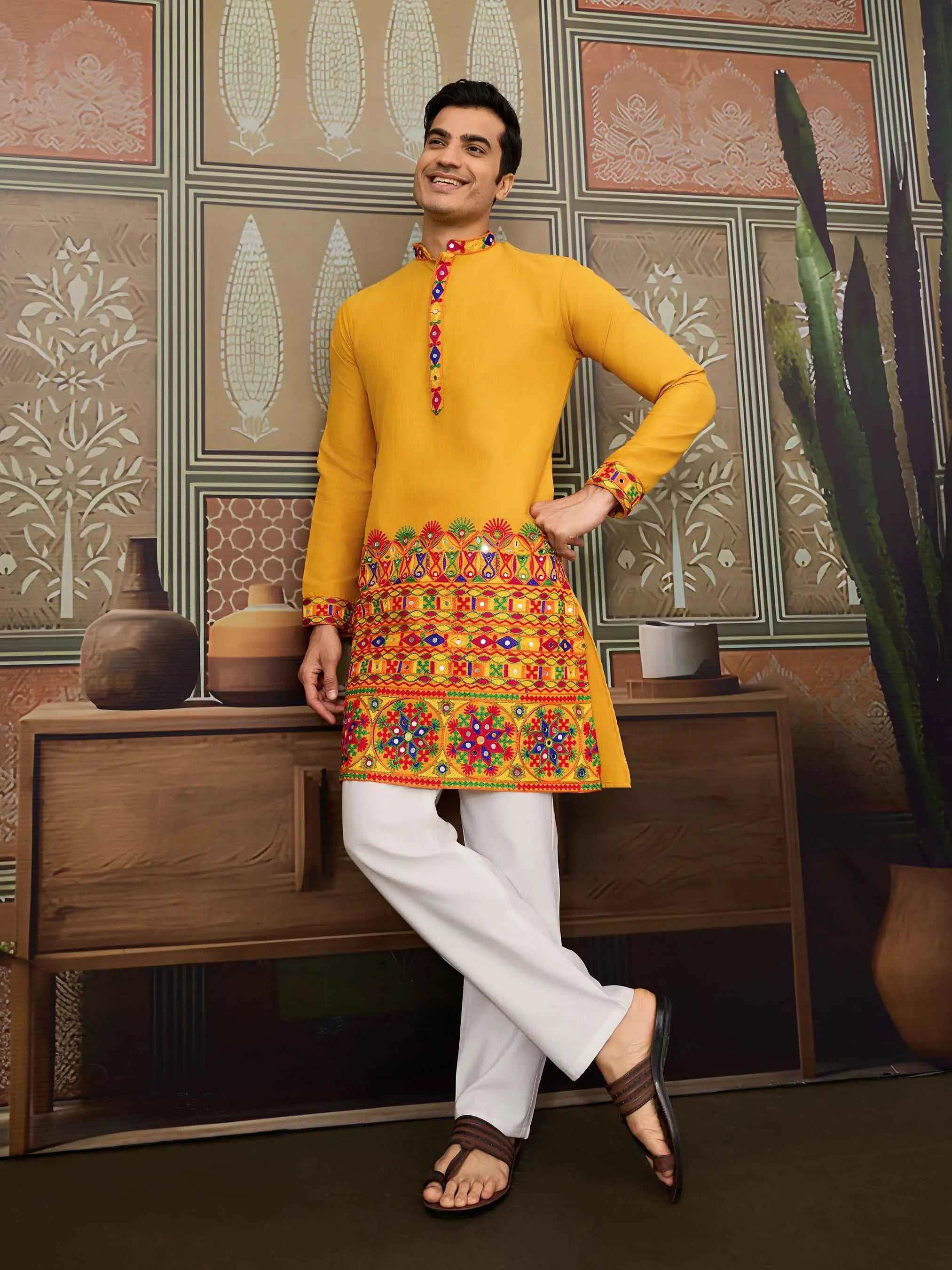 Yellow Multi Thread And Real Mirror Work Kurta Set For Navratri - qivii