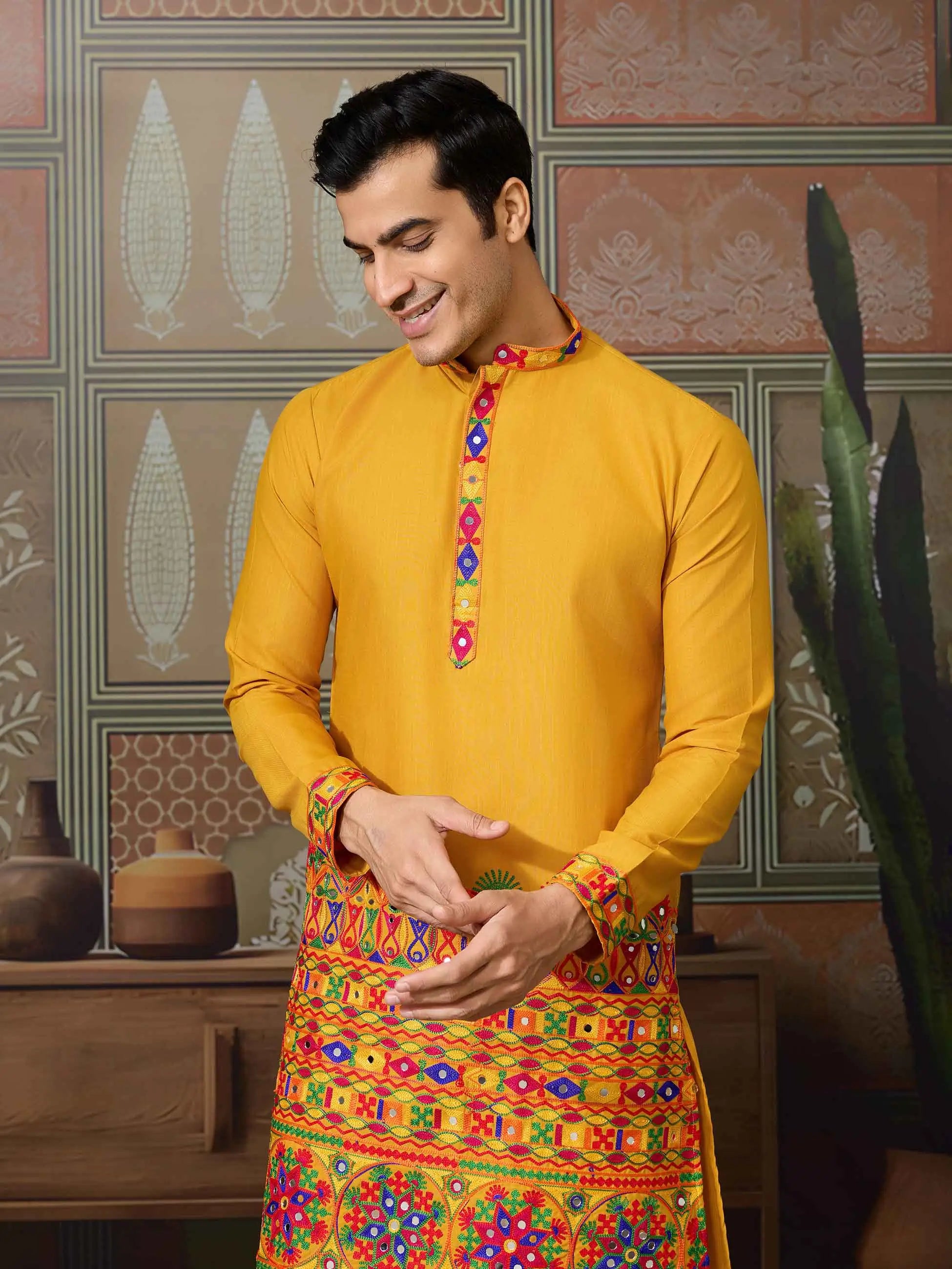 Yellow Multi Thread And Real Mirror Work Kurta Set For Navratri - qivii
