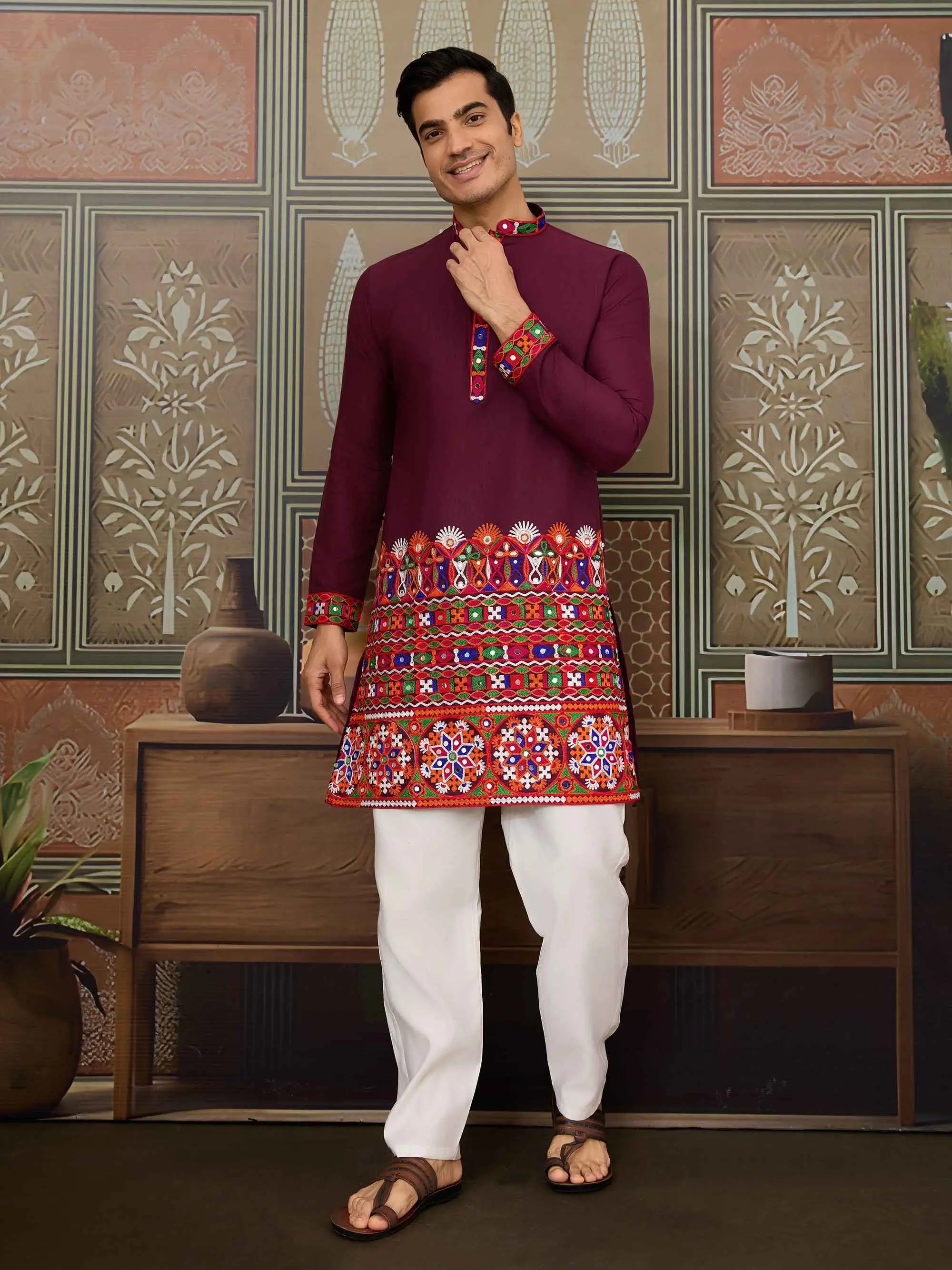 Wine Multi Thread And Real Mirror Work Kurta Set For Navratri - qivii