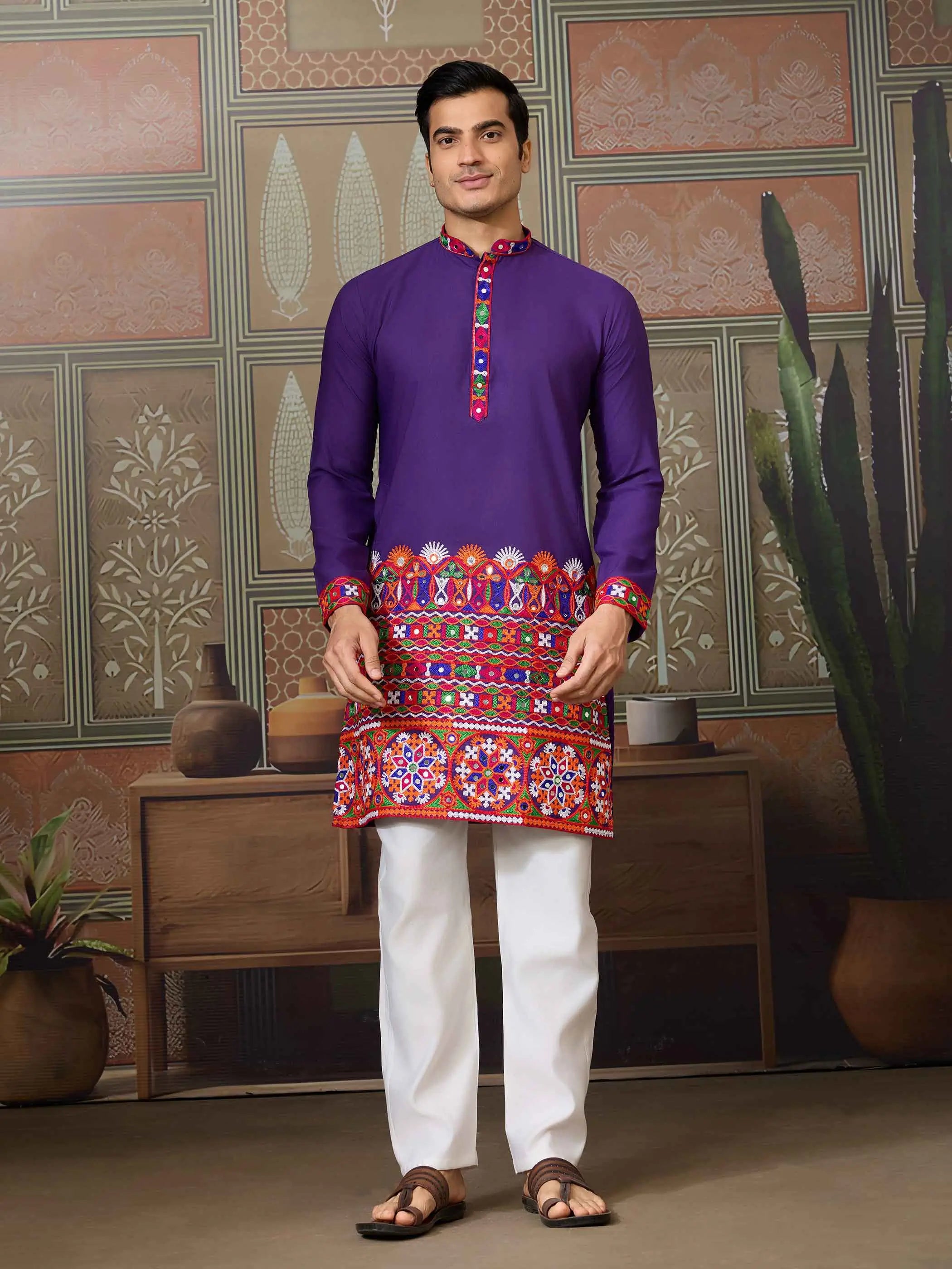 Purple Multi Thread And Real Mirror Work Kurta Set For Navratri - qivii