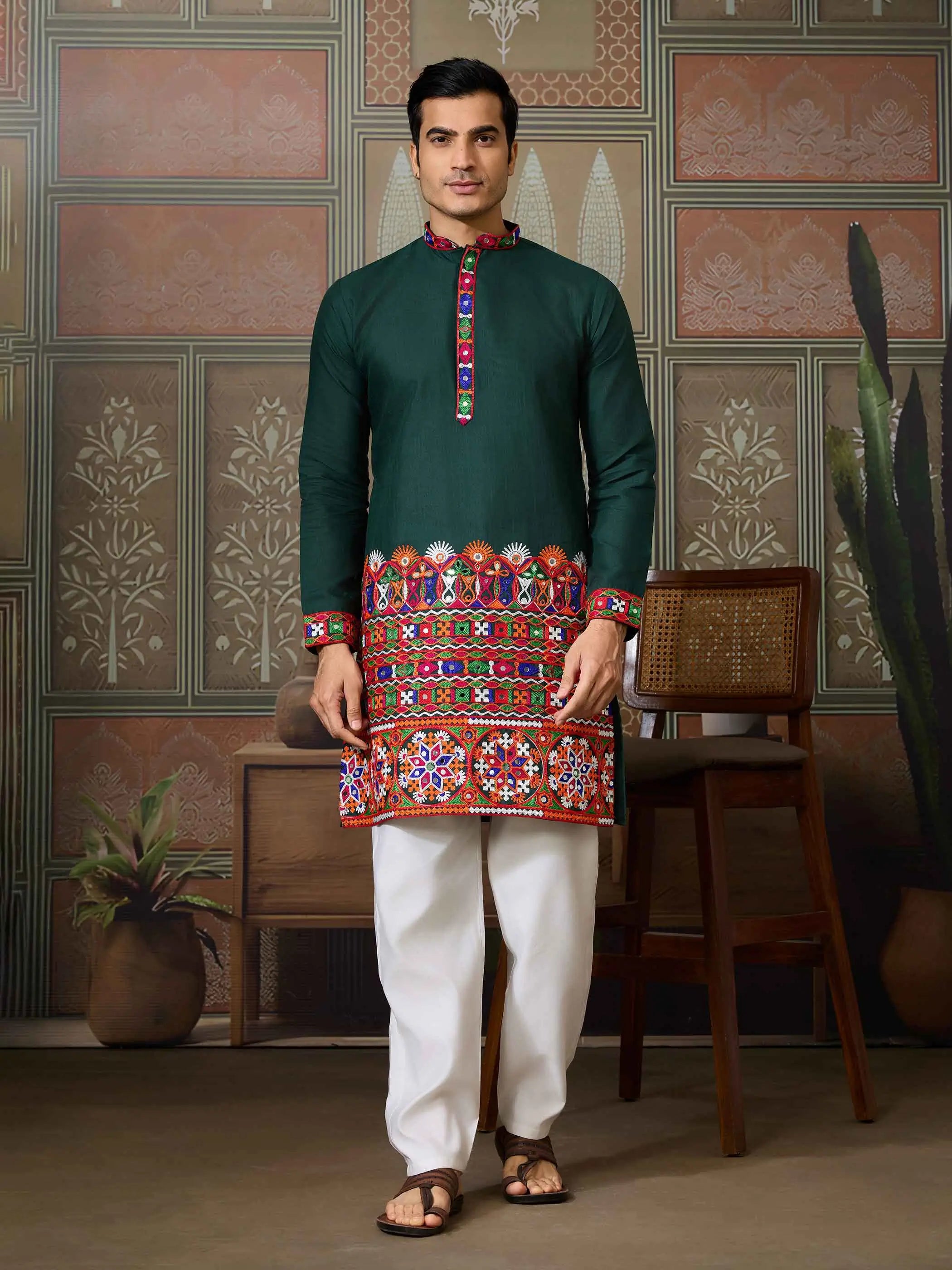 Green Multi Thread And Real Mirror Work Kurta Set For Navratri - qivii