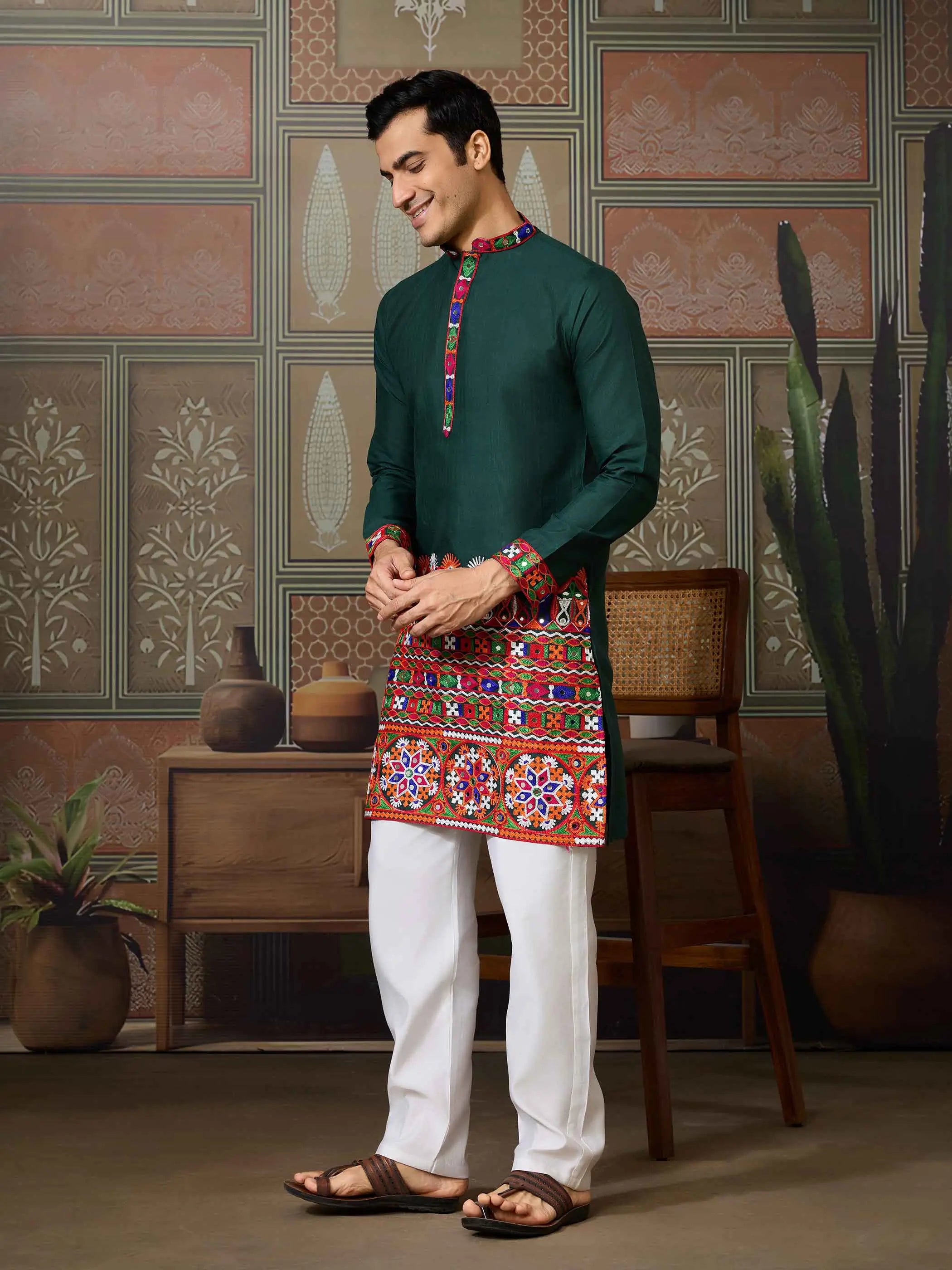 Green Multi Thread And Real Mirror Work Kurta Set For Navratri