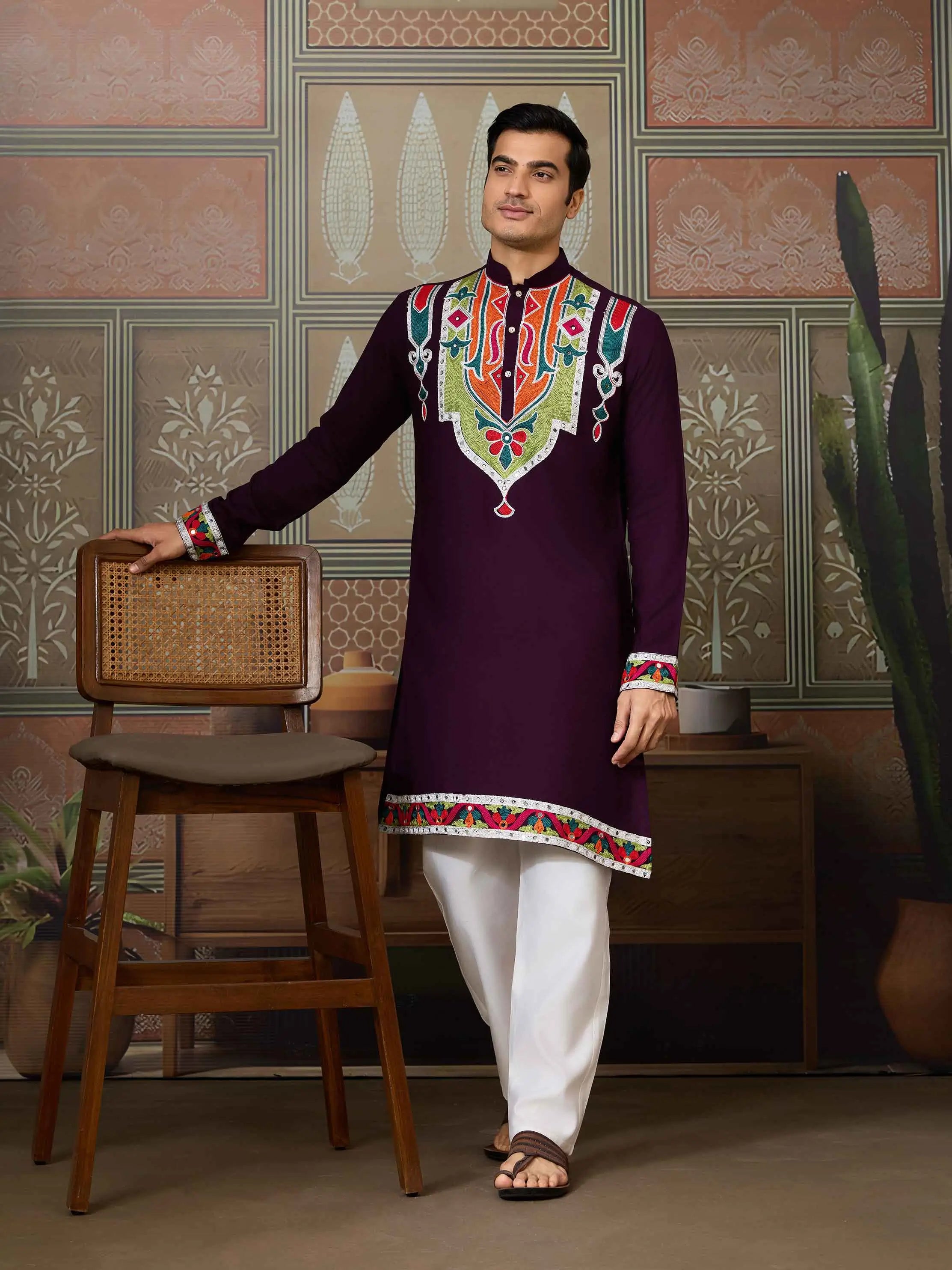 Purple Navratri Kurta Set Multi Thread And Real Mirror Work