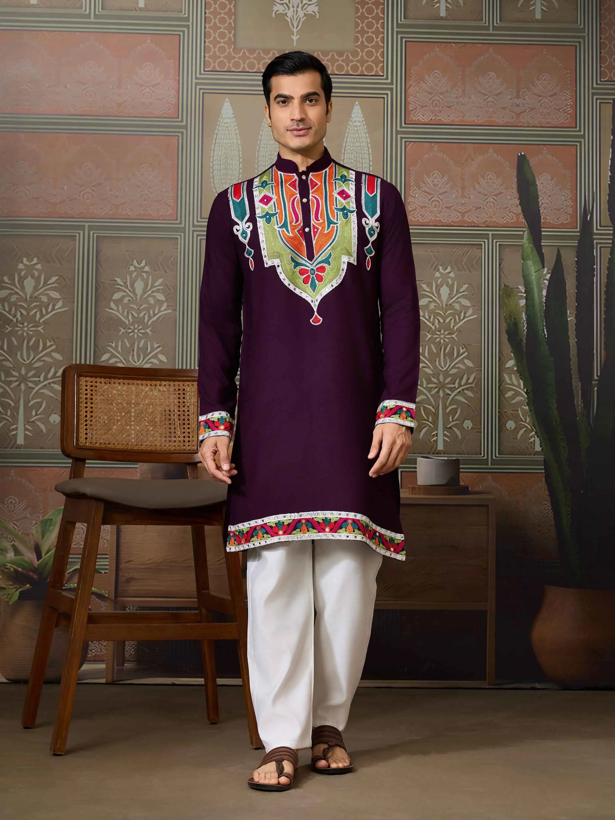 Purple Navratri Kurta Set Multi Thread And Real Mirror Work